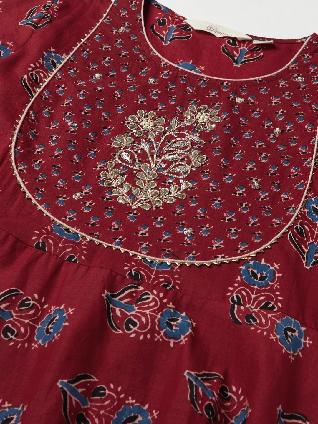 Divena Red Floral Anarkali Cotton Kurta pant set with dupatta