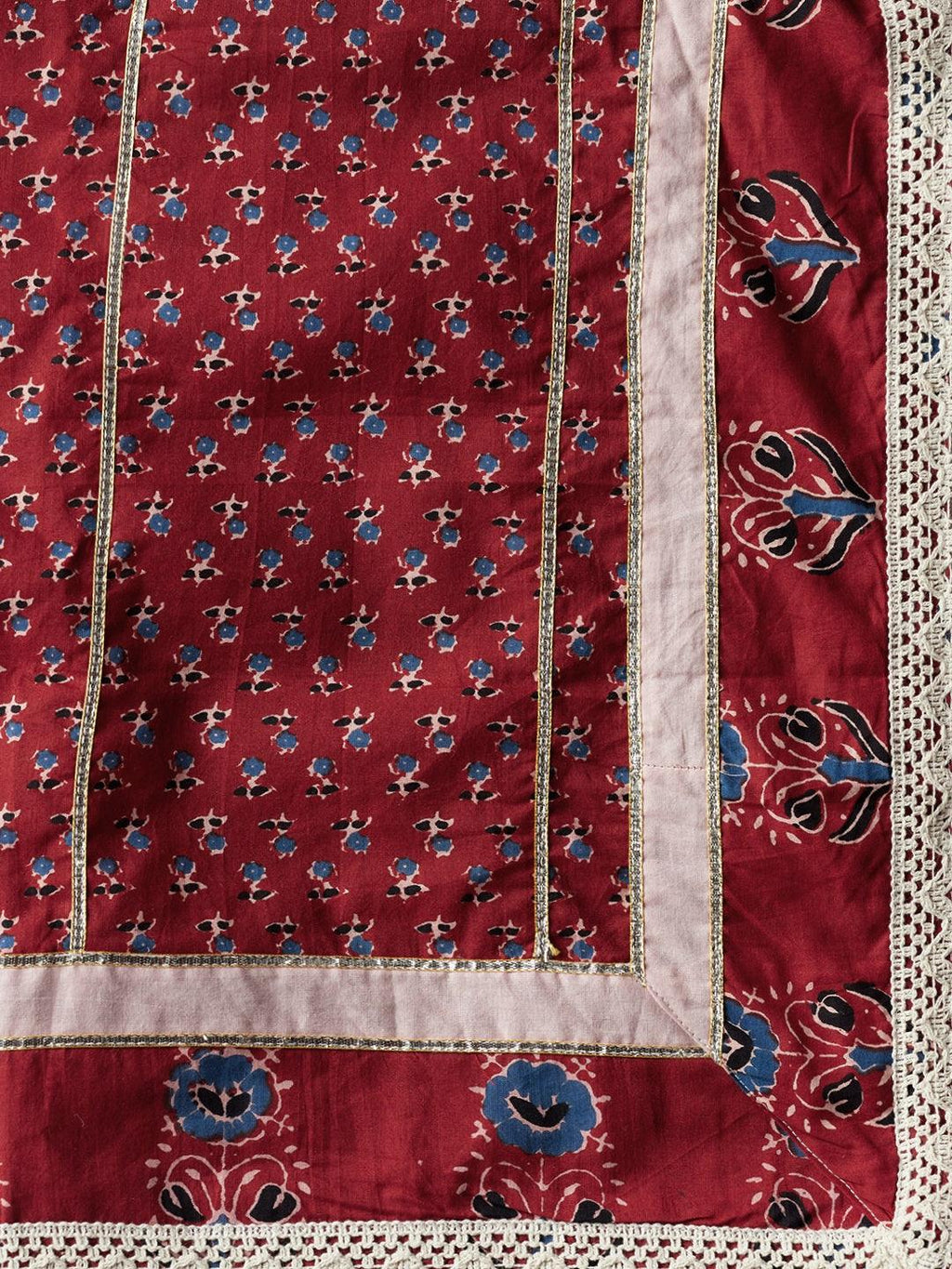 Divena Red Floral Anarkali Cotton Kurta pant set with dupatta