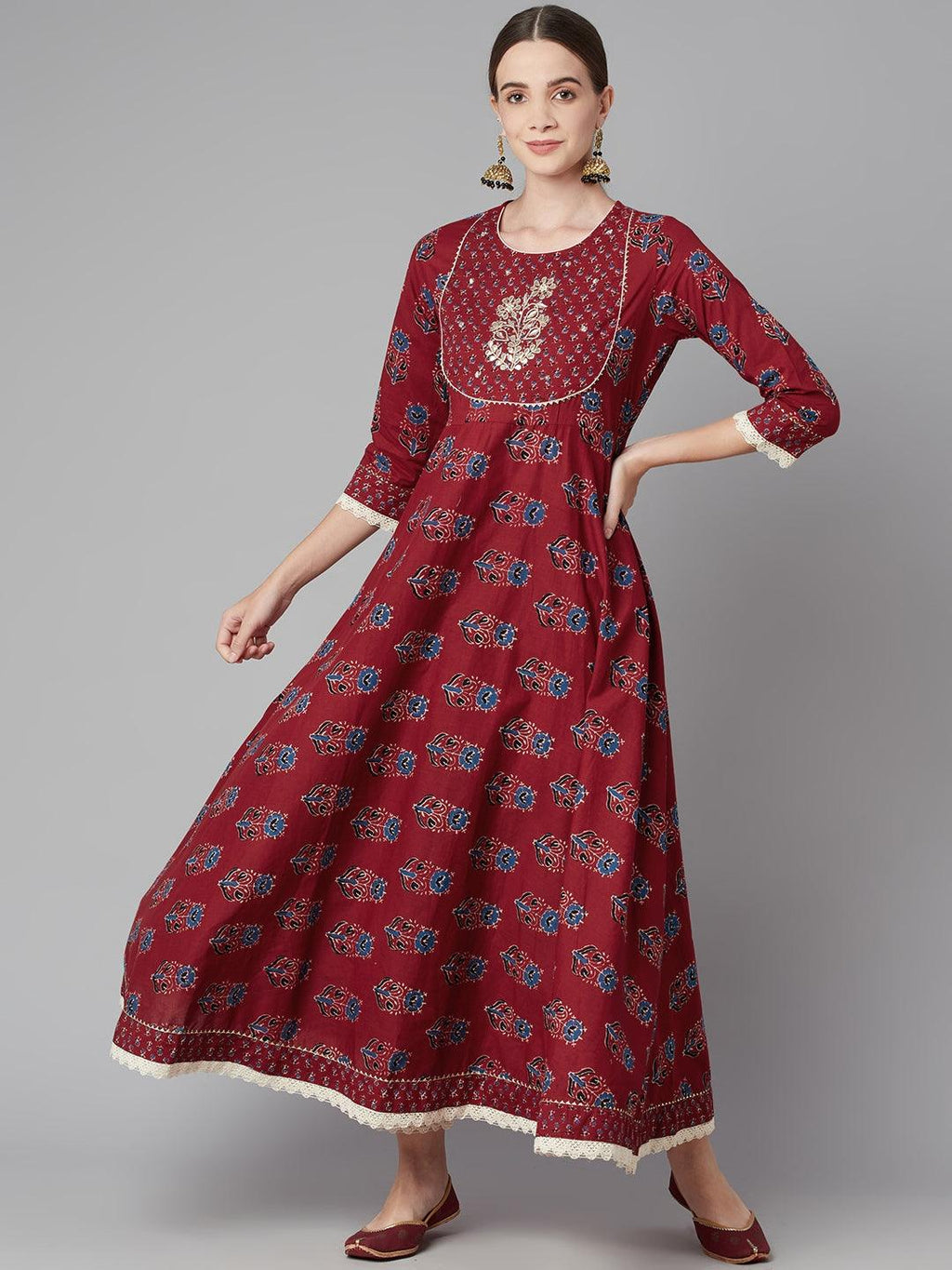 Divena Red Floral Anarkali Cotton Kurta pant set with dupatta