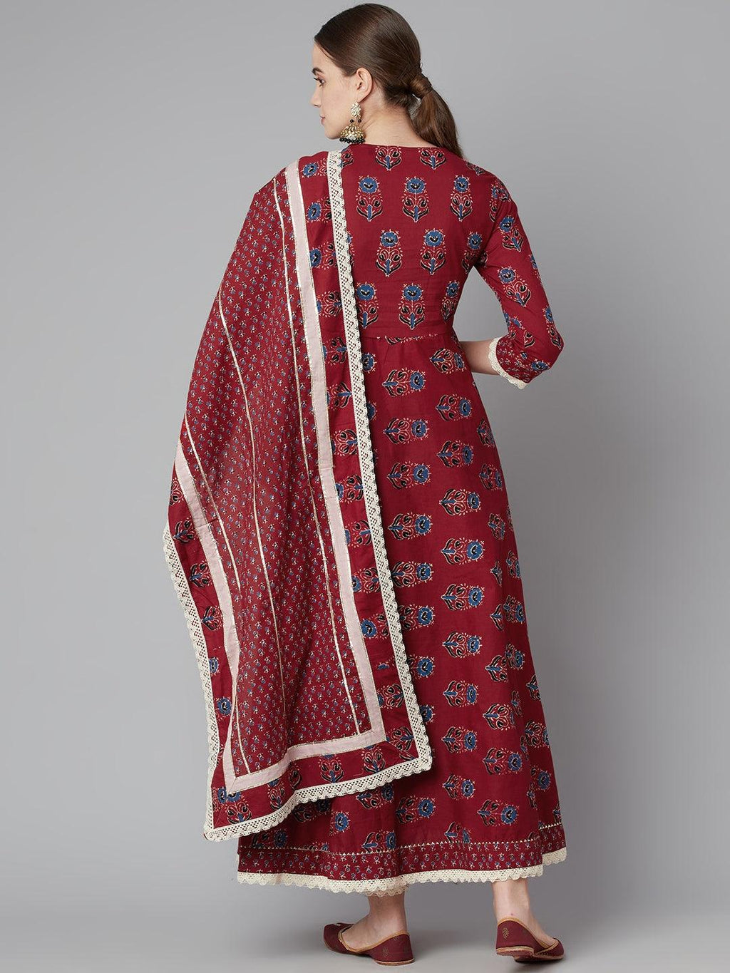 Divena Red Floral Anarkali Cotton Kurta pant set with dupatta