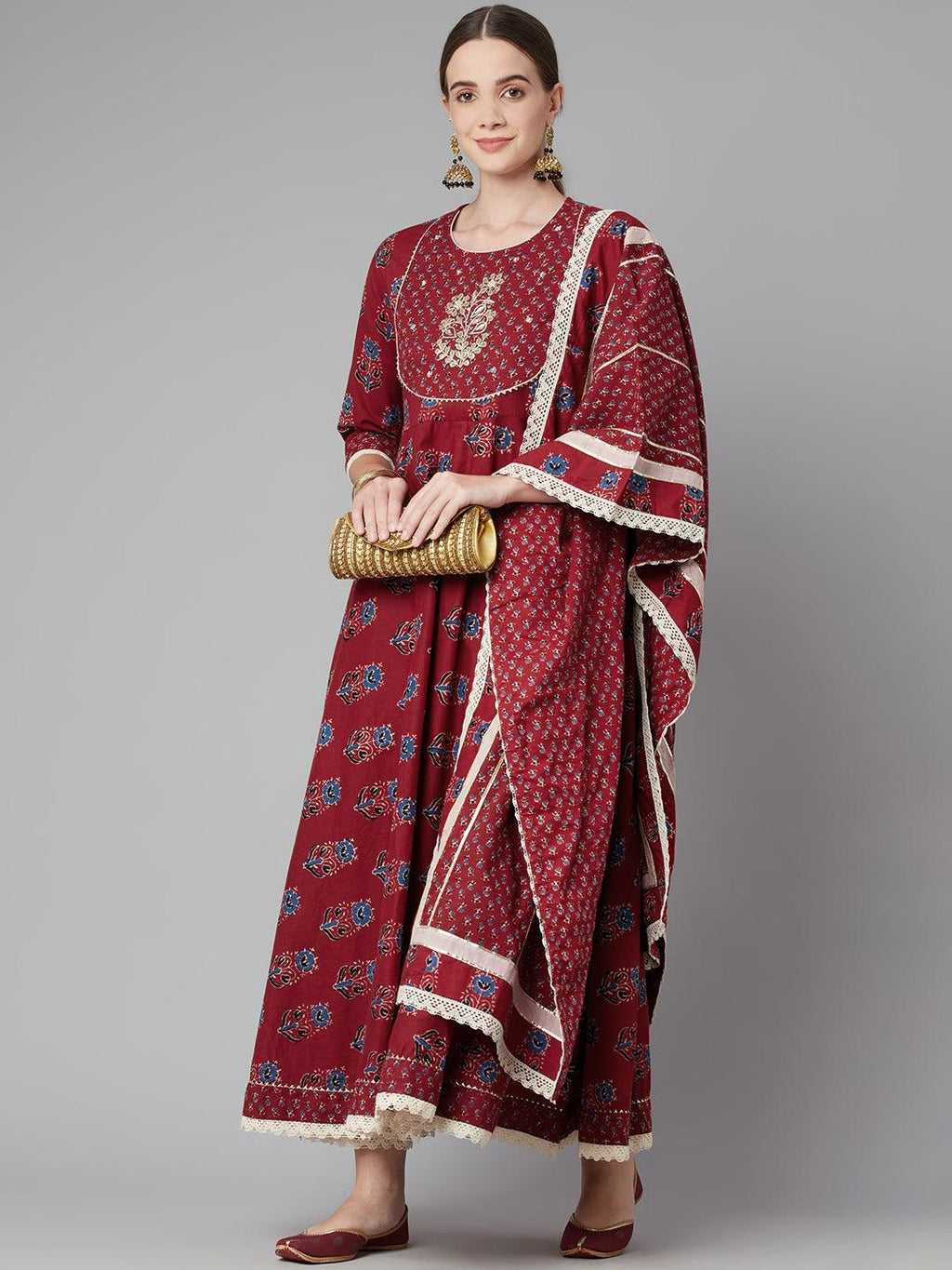 Divena Red Floral Anarkali Cotton Kurta pant set with dupatta