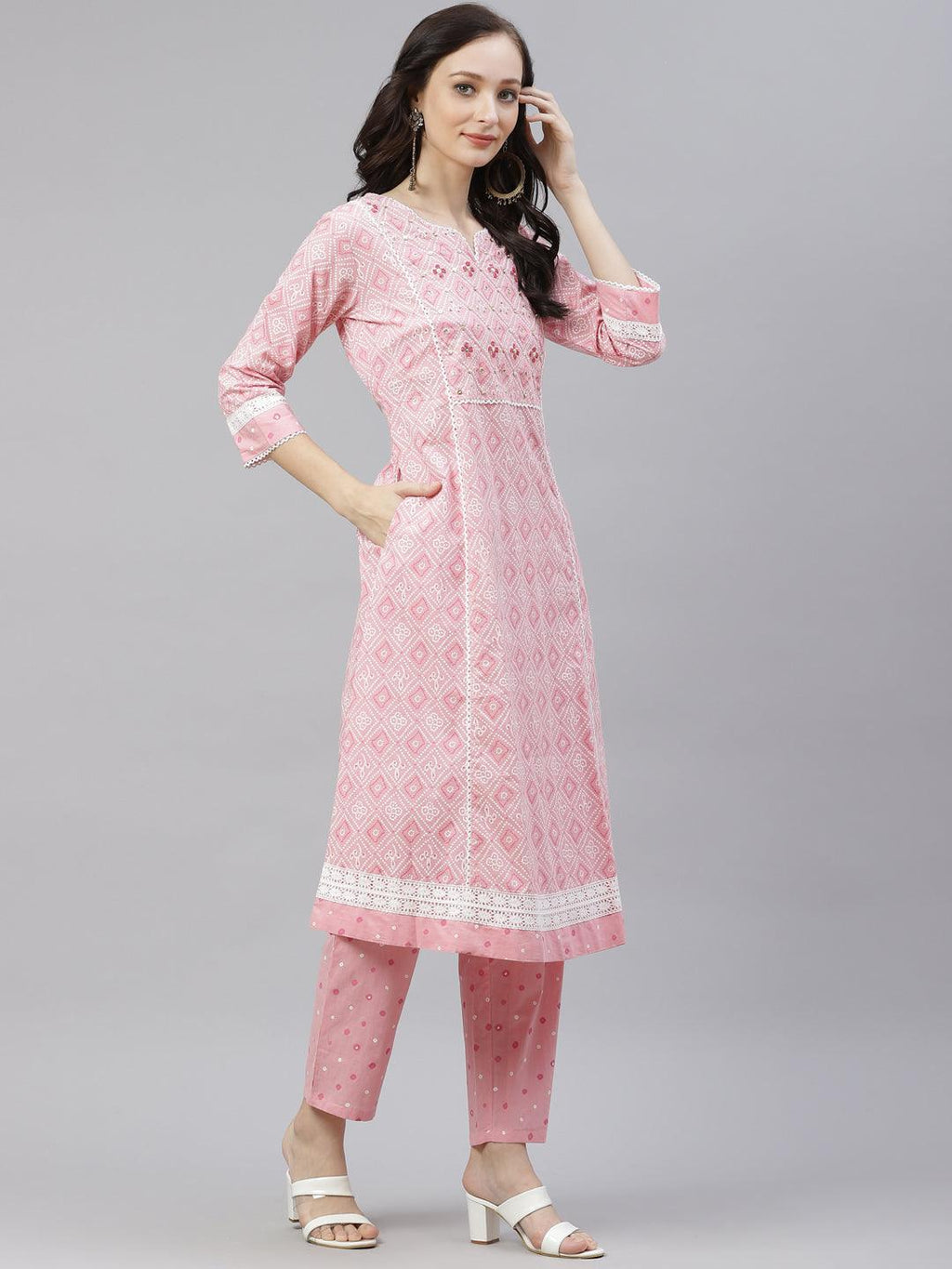 Divena Pink Cotton A-line  kurta Pant set with Dupatta