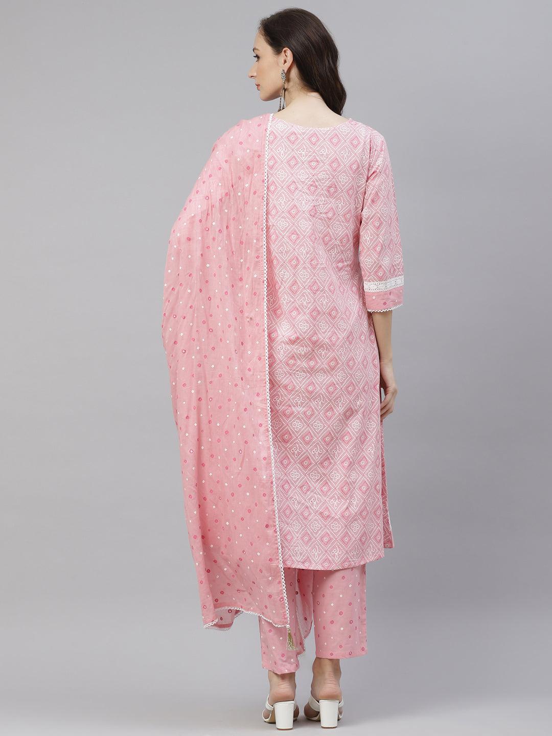 Divena Pink Cotton A-line  kurta Pant set with Dupatta
