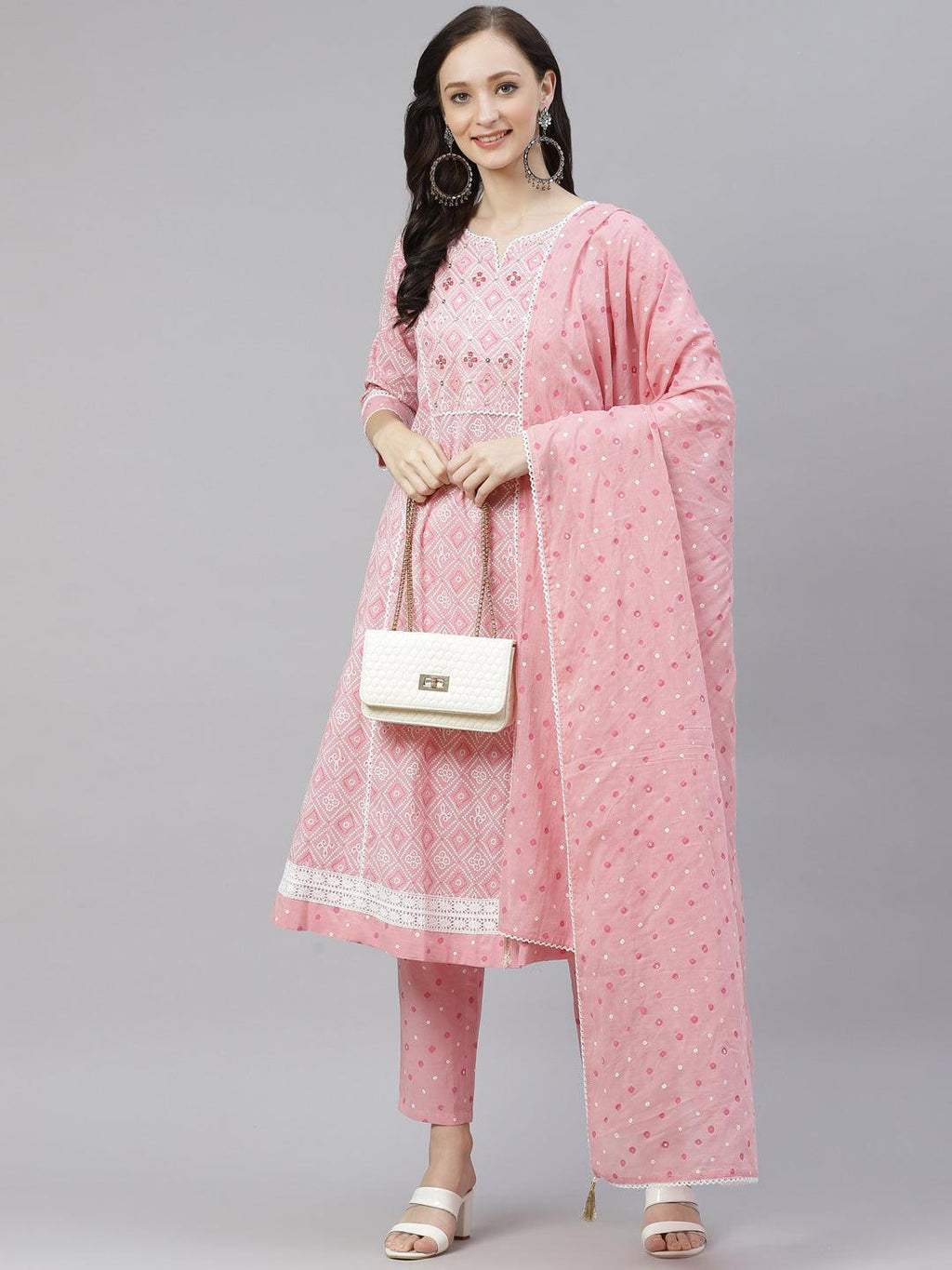 Divena Pink Cotton A-line  kurta Pant set with Dupatta