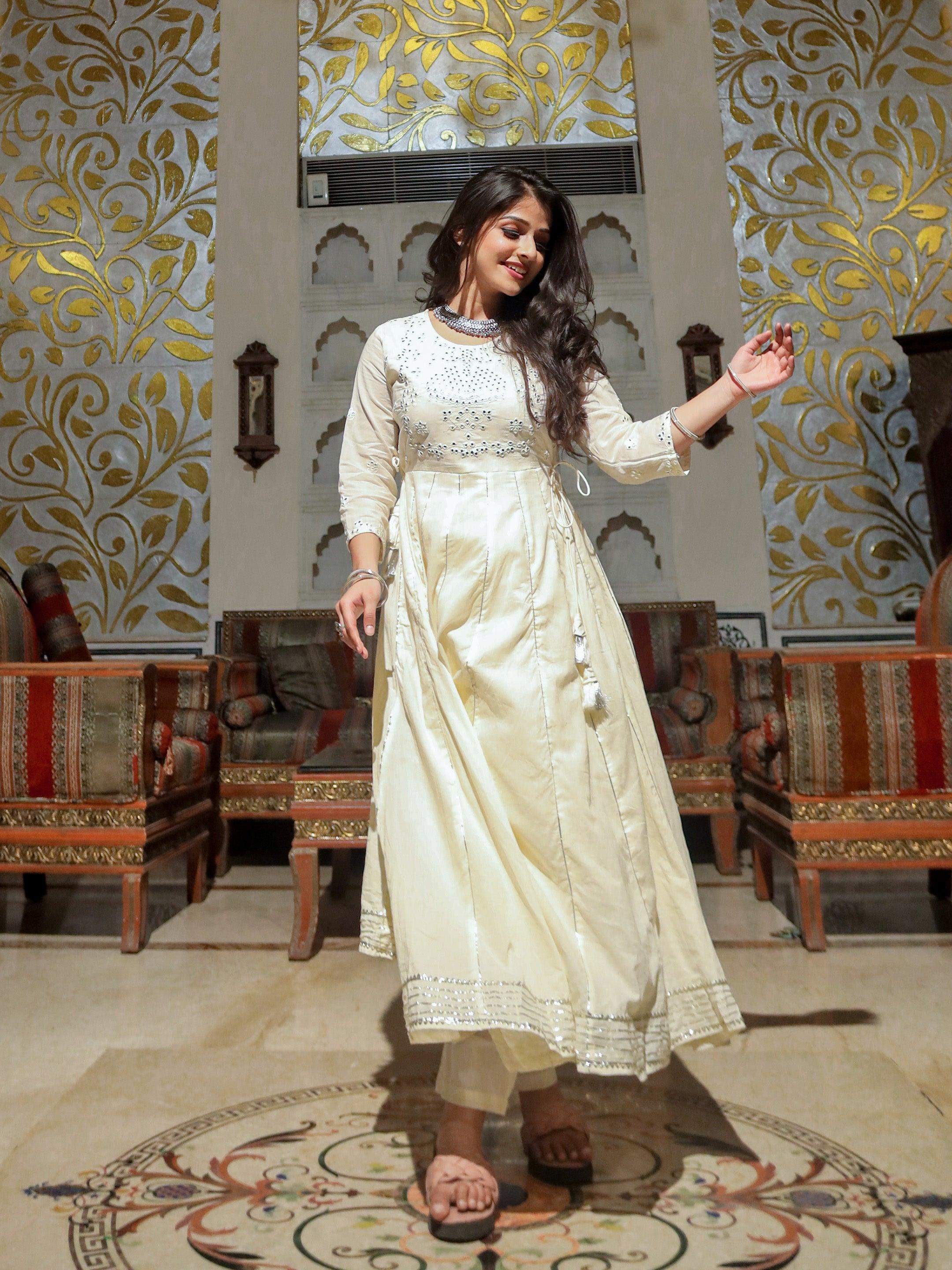 Divena Off White Cotton Anarkali kurta Pant Set
