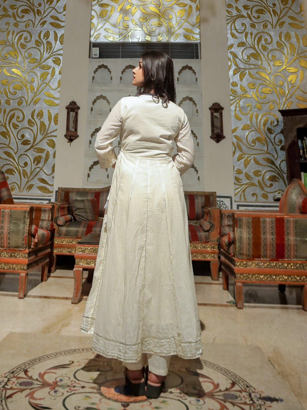 Divena Off White Cotton Anarkali kurta Pant Set