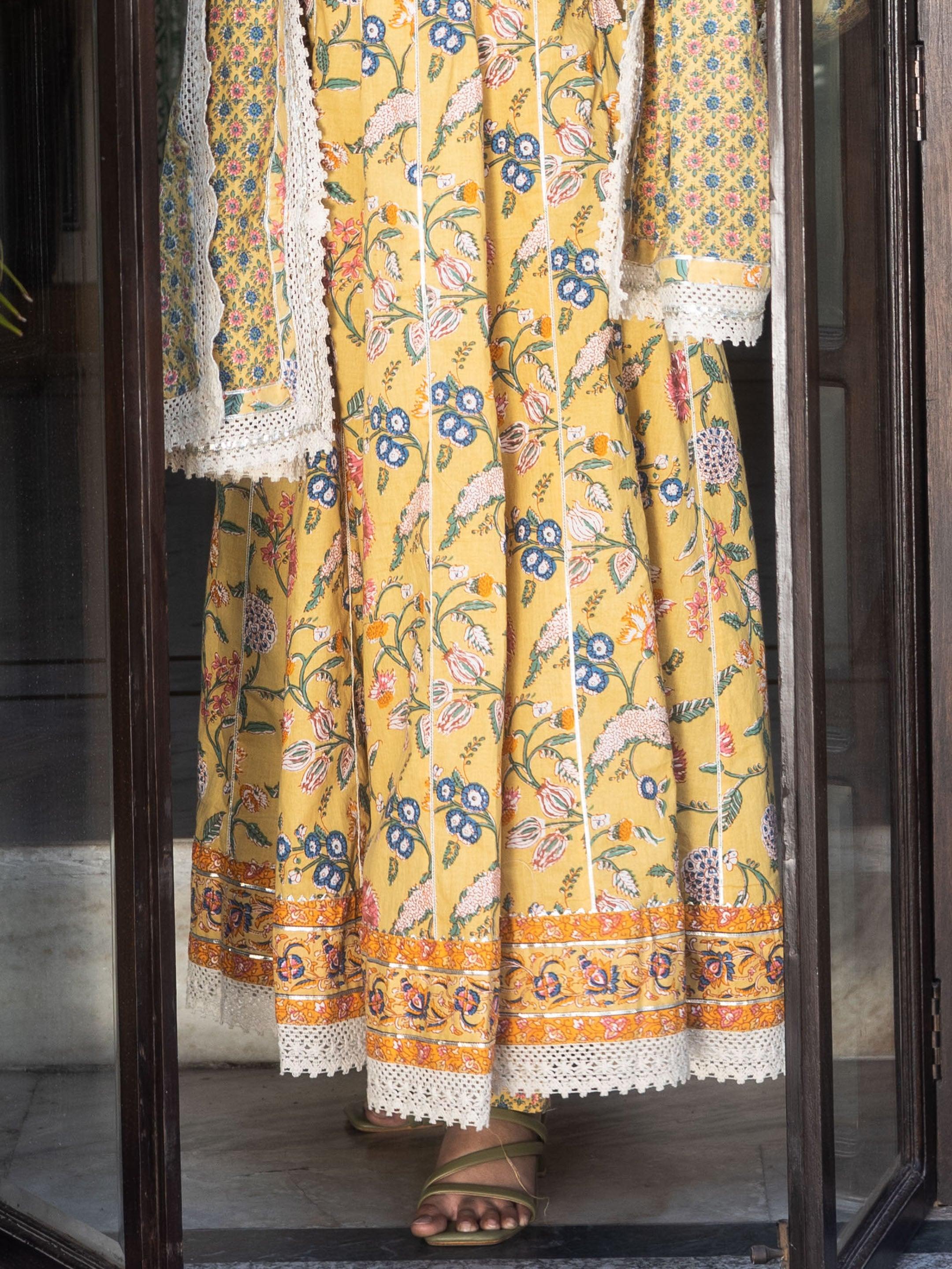 Divena Yellow Floral anarkali Pant Set with Dupatta