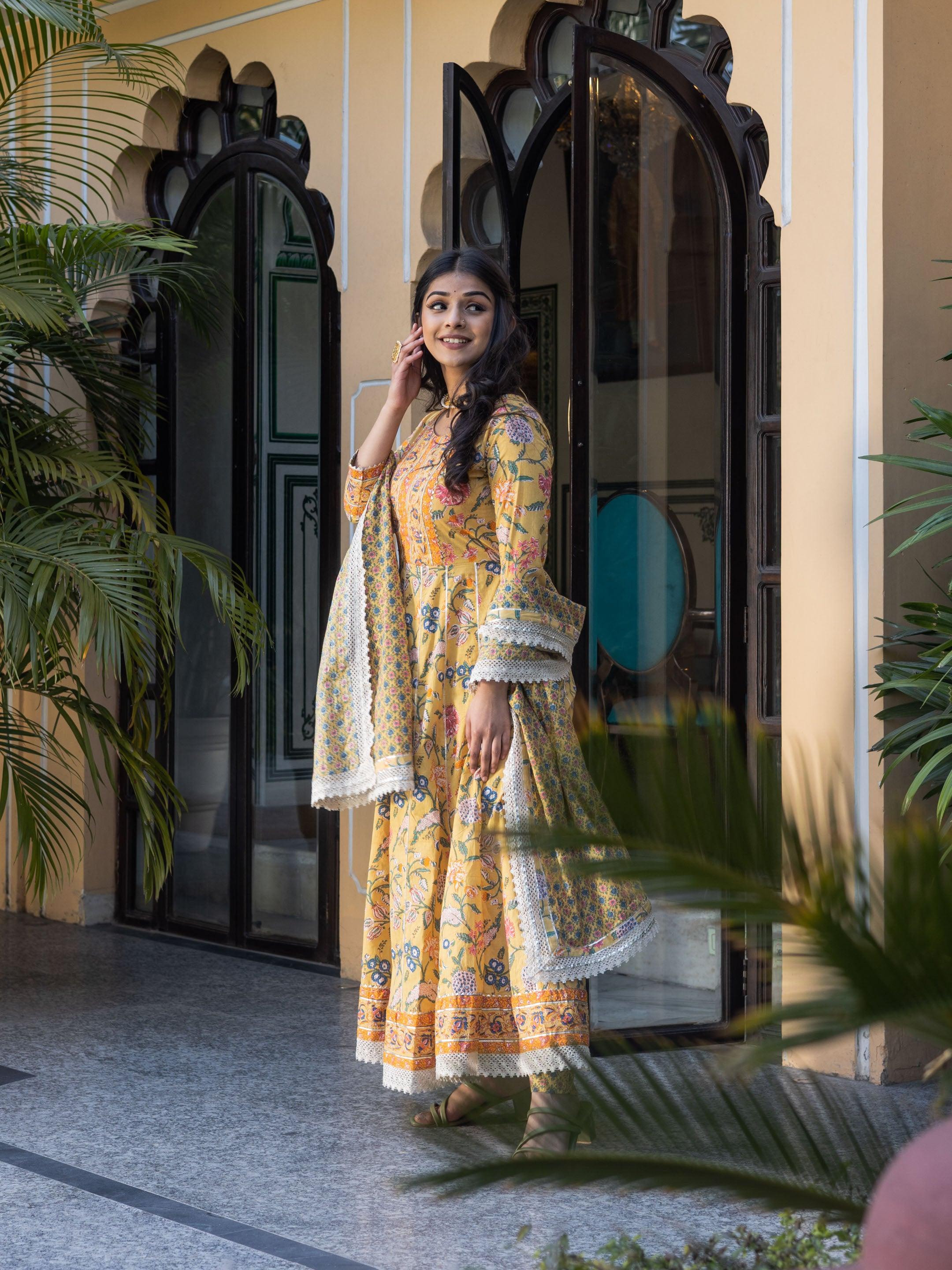 Divena Yellow Floral anarkali Pant Set with Dupatta