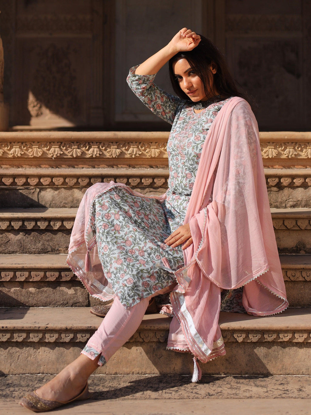 Divena Pastel Blue Floral straight Cotton Kurta Pant set with Dupatta