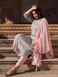 Divena Pastel Blue Floral straight Cotton Kurta Pant set with Dupatta