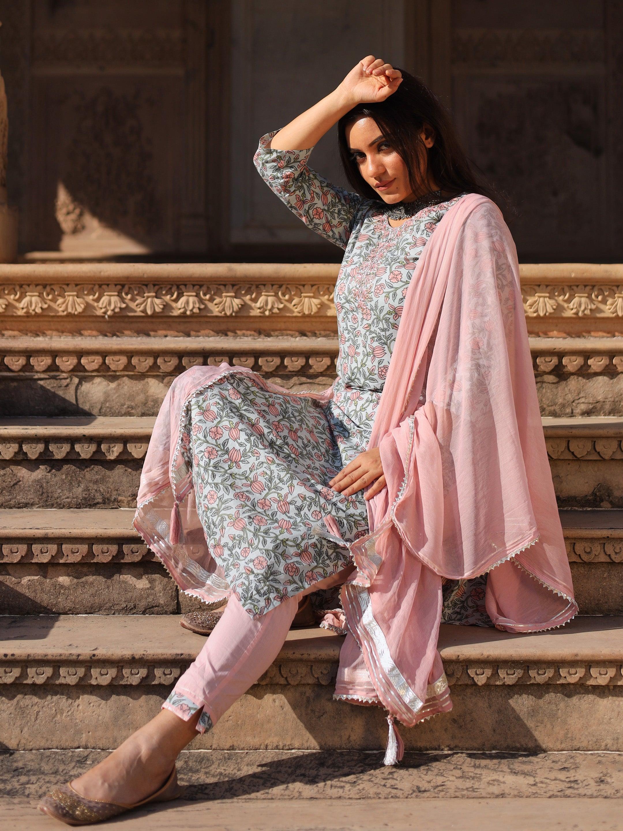 Divena Pastel Blue Floral straight Cotton Kurta Pant set with Dupatta