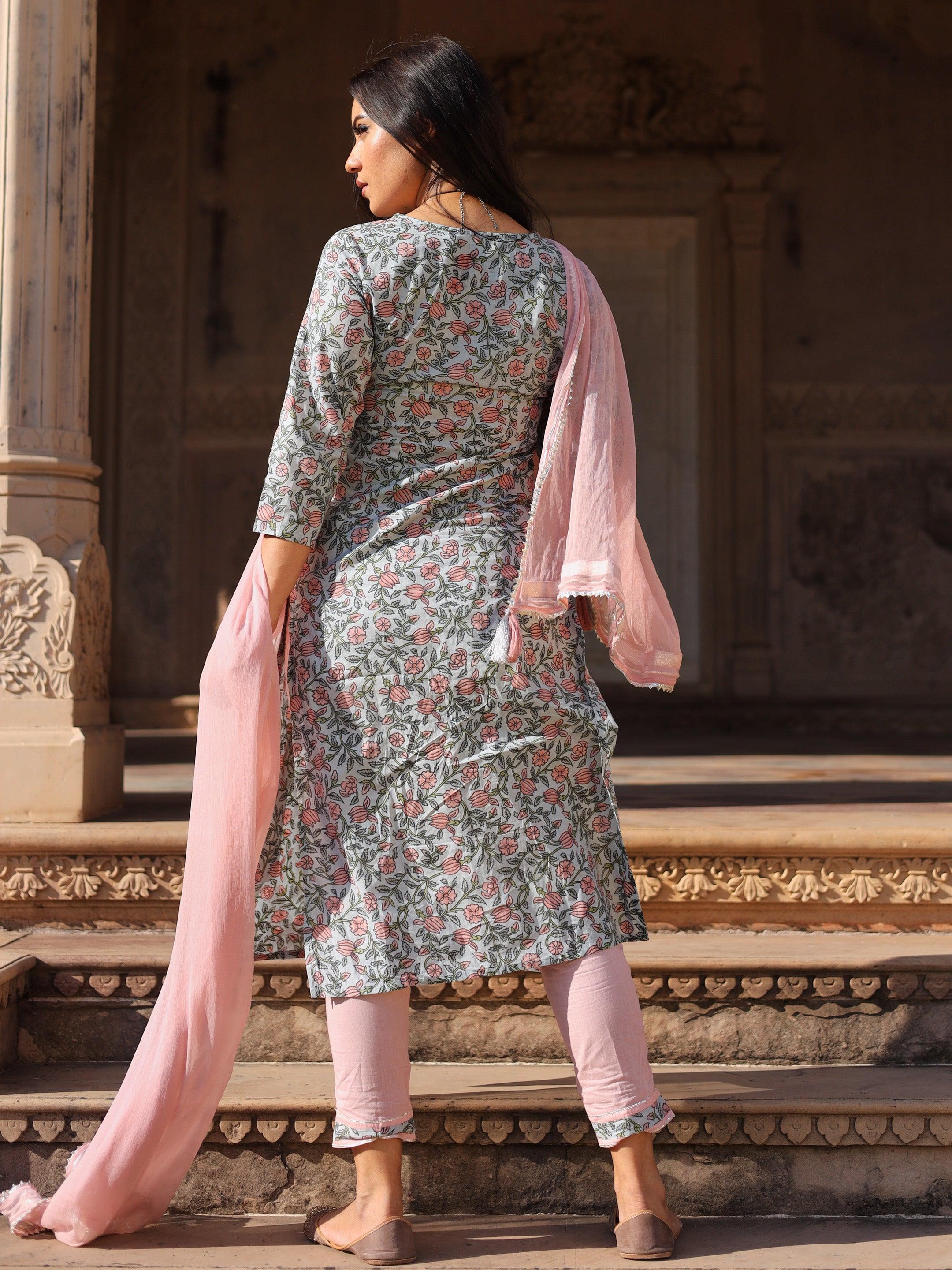 Divena Pastel Blue Floral straight Cotton Kurta Pant set with Dupatta