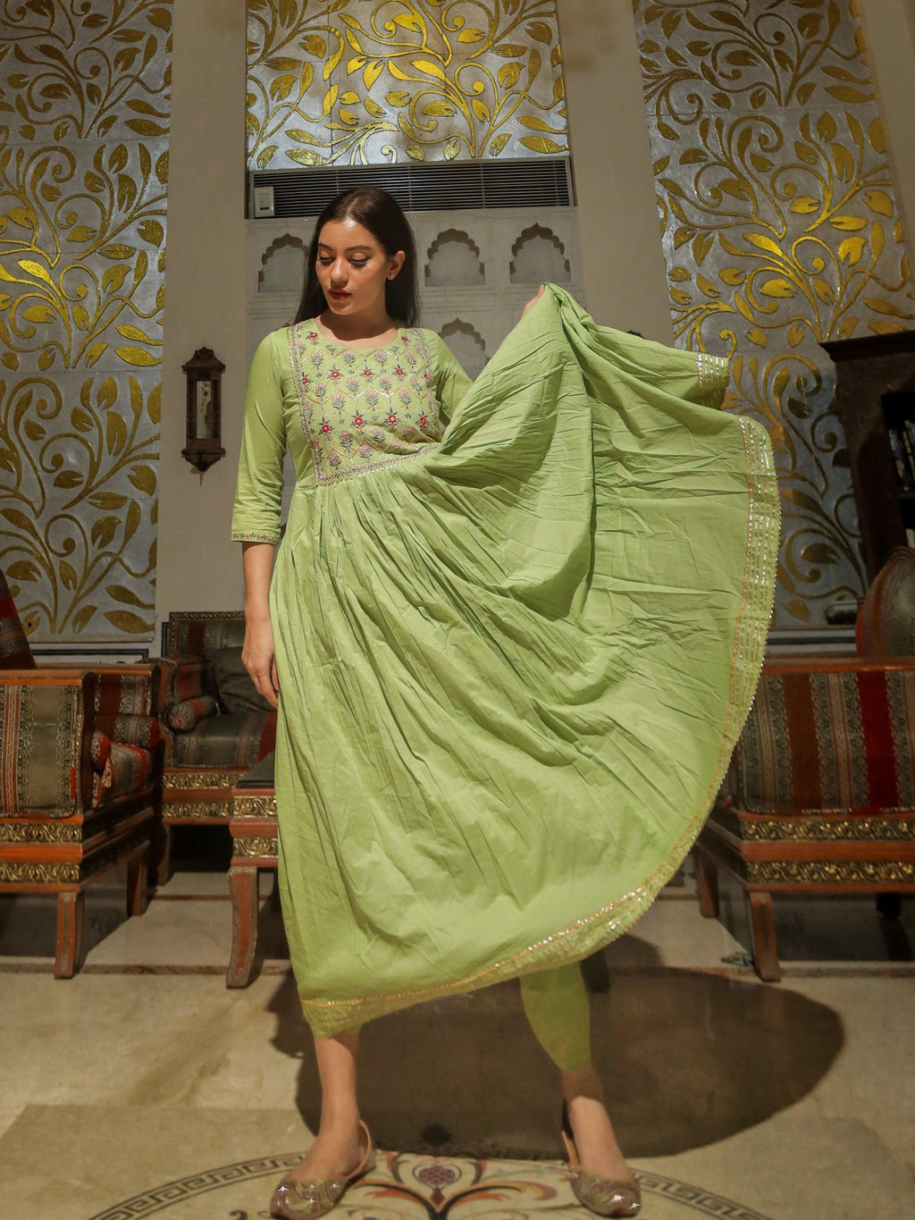 Divena Green Cotton Kurta Pant Set