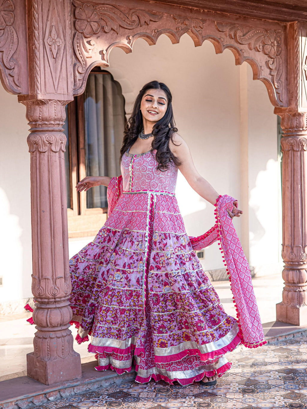 Divena Pink Cotton Sleeves less Anarkali Sharara set with Dupatta