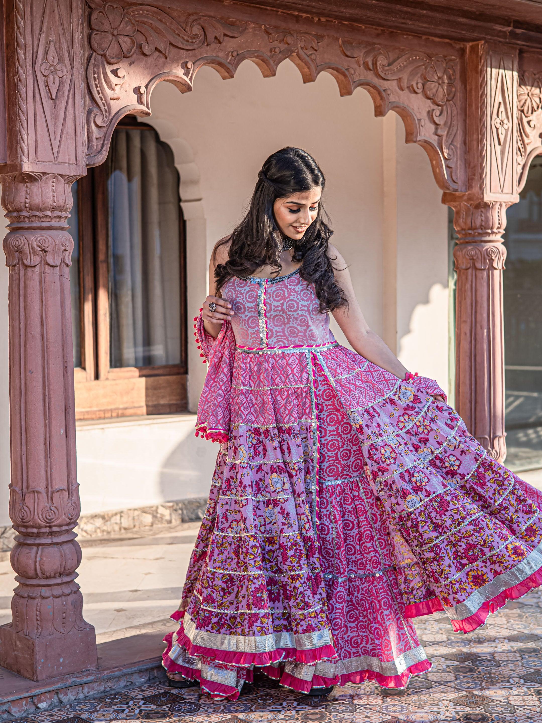 Divena Pink Cotton Sleeves less Anarkali Sharara set with Dupatta