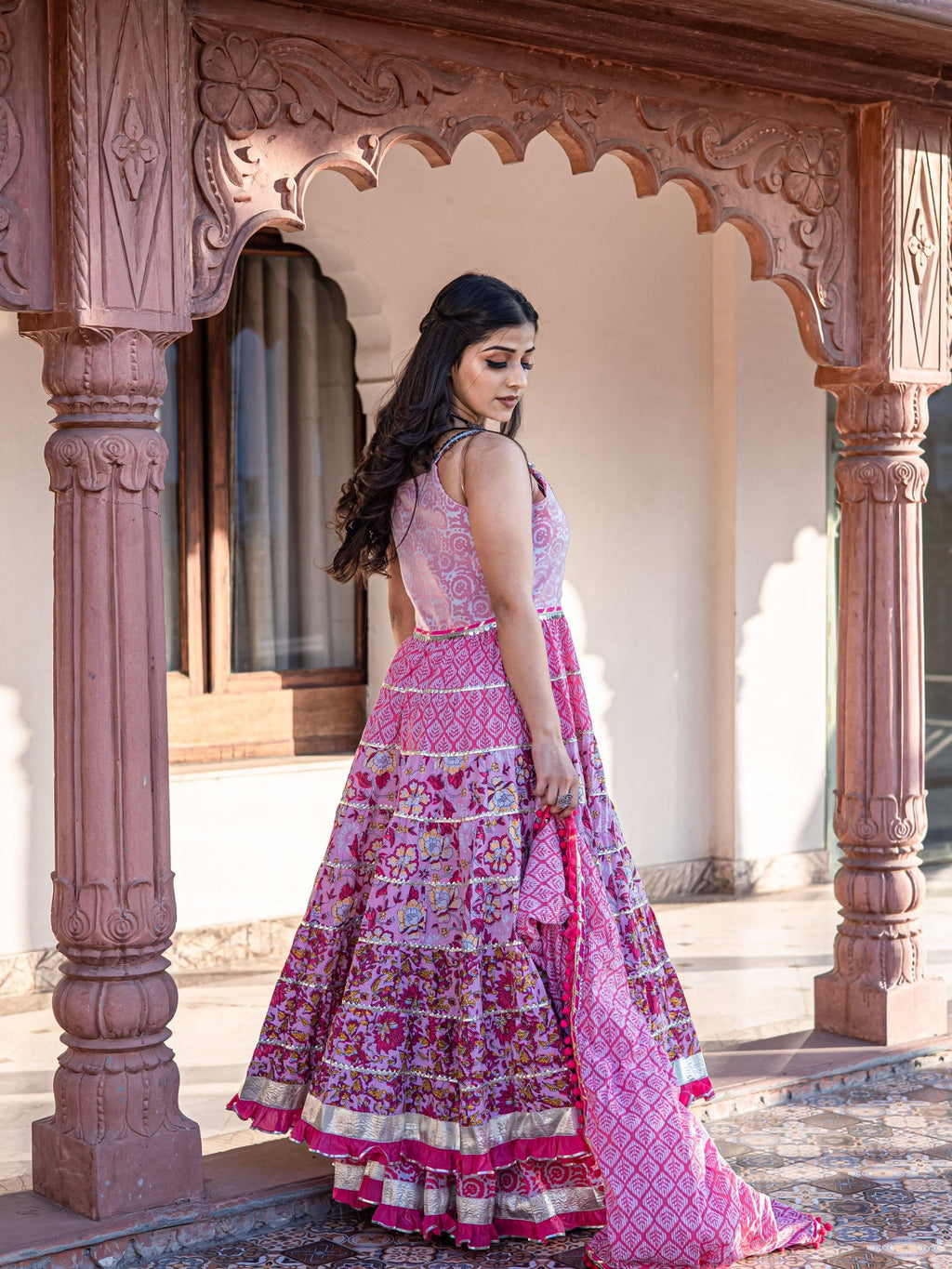 Divena Pink Cotton Sleeves less Anarkali Sharara set with Dupatta