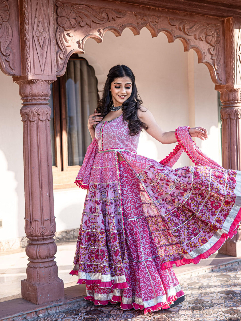 Divena Pink Cotton Sleeves less Anarkali Sharara set with Dupatta
