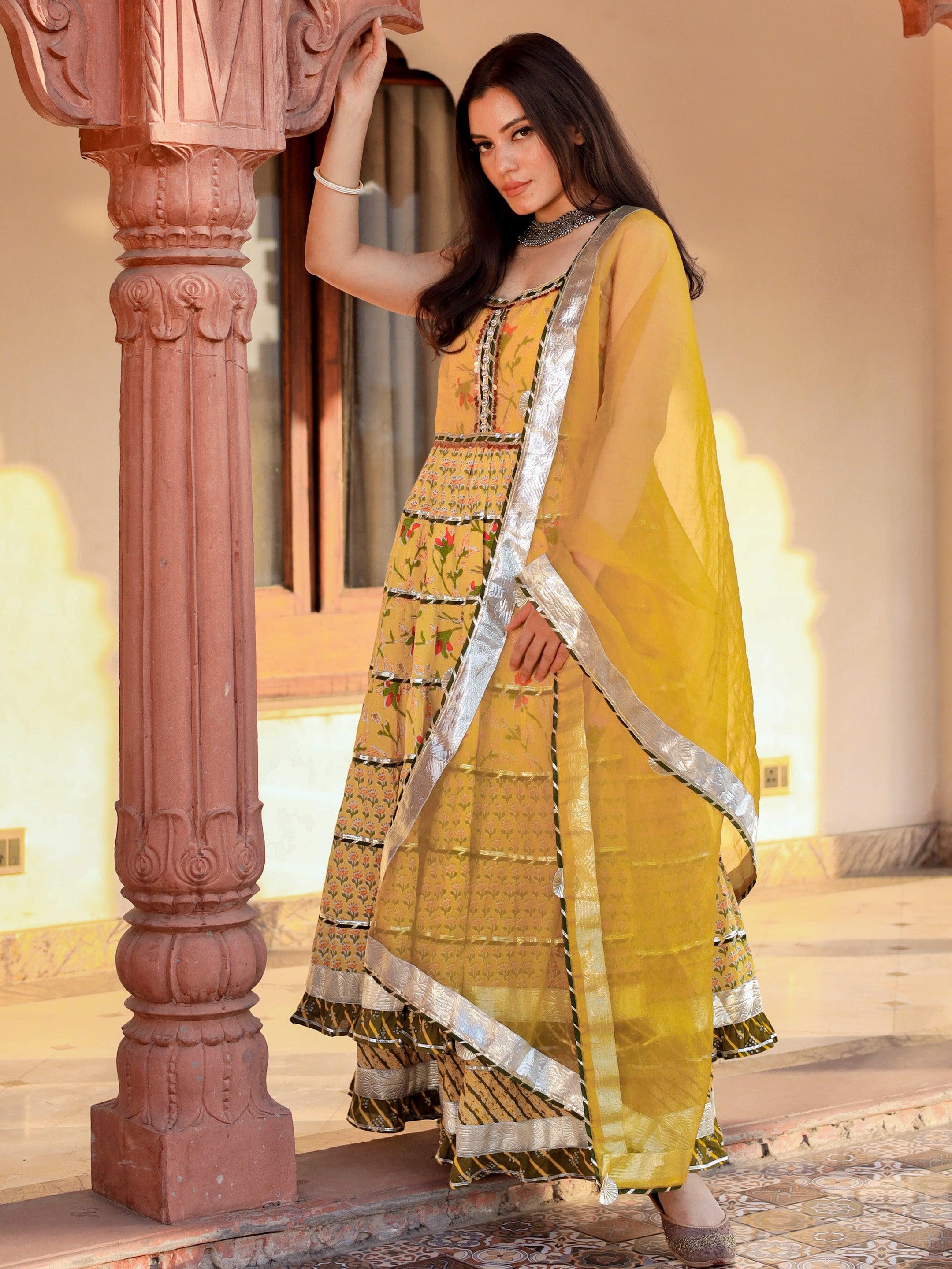 Divena Yellow Cotton Sleeves less anarkali Skirt Set With Dupatta