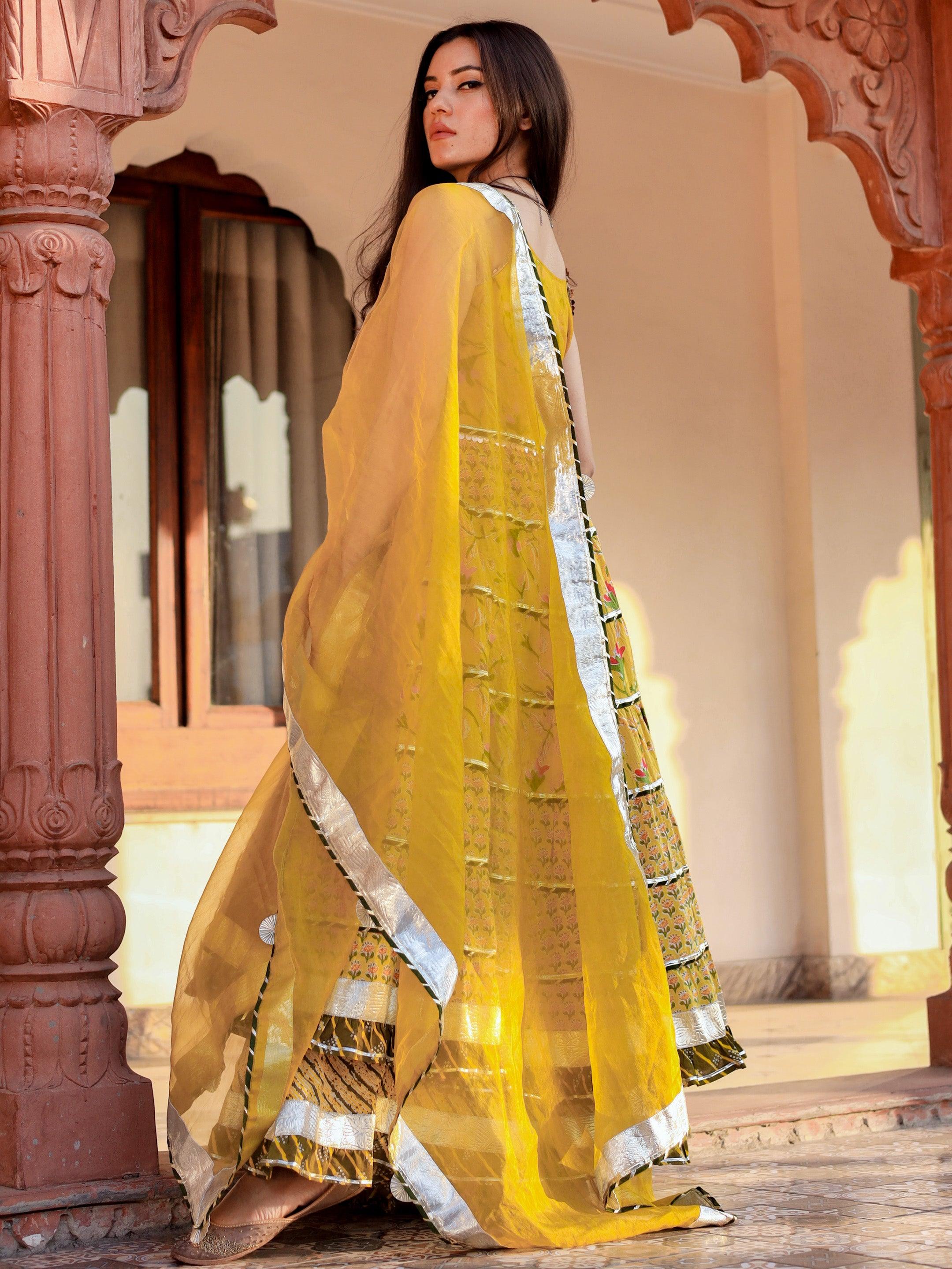 Divena Yellow Cotton Sleeves less anarkali Skirt Set With Dupatta