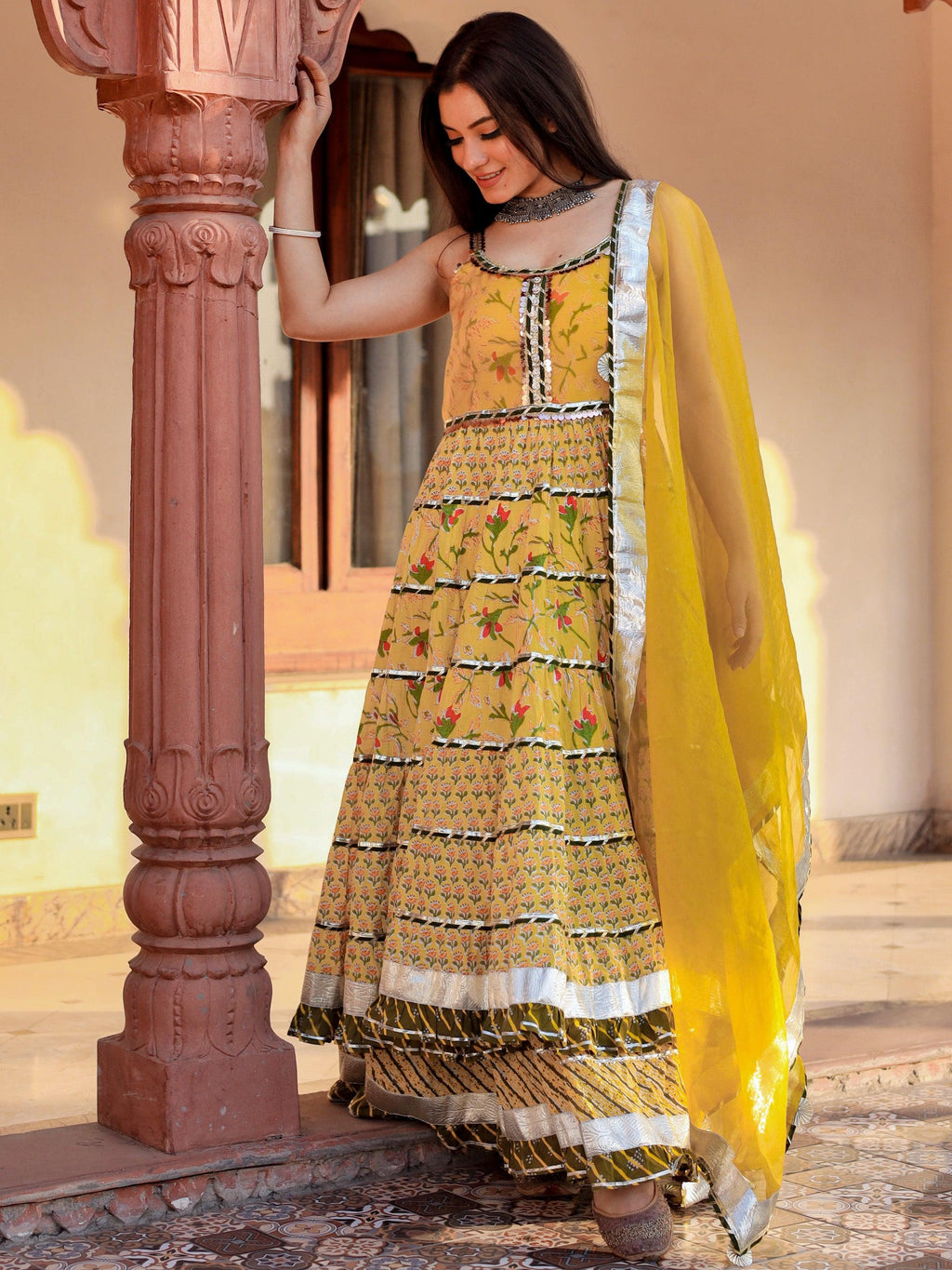Divena Yellow Cotton Sleeves less anarkali Skirt Set With Dupatta