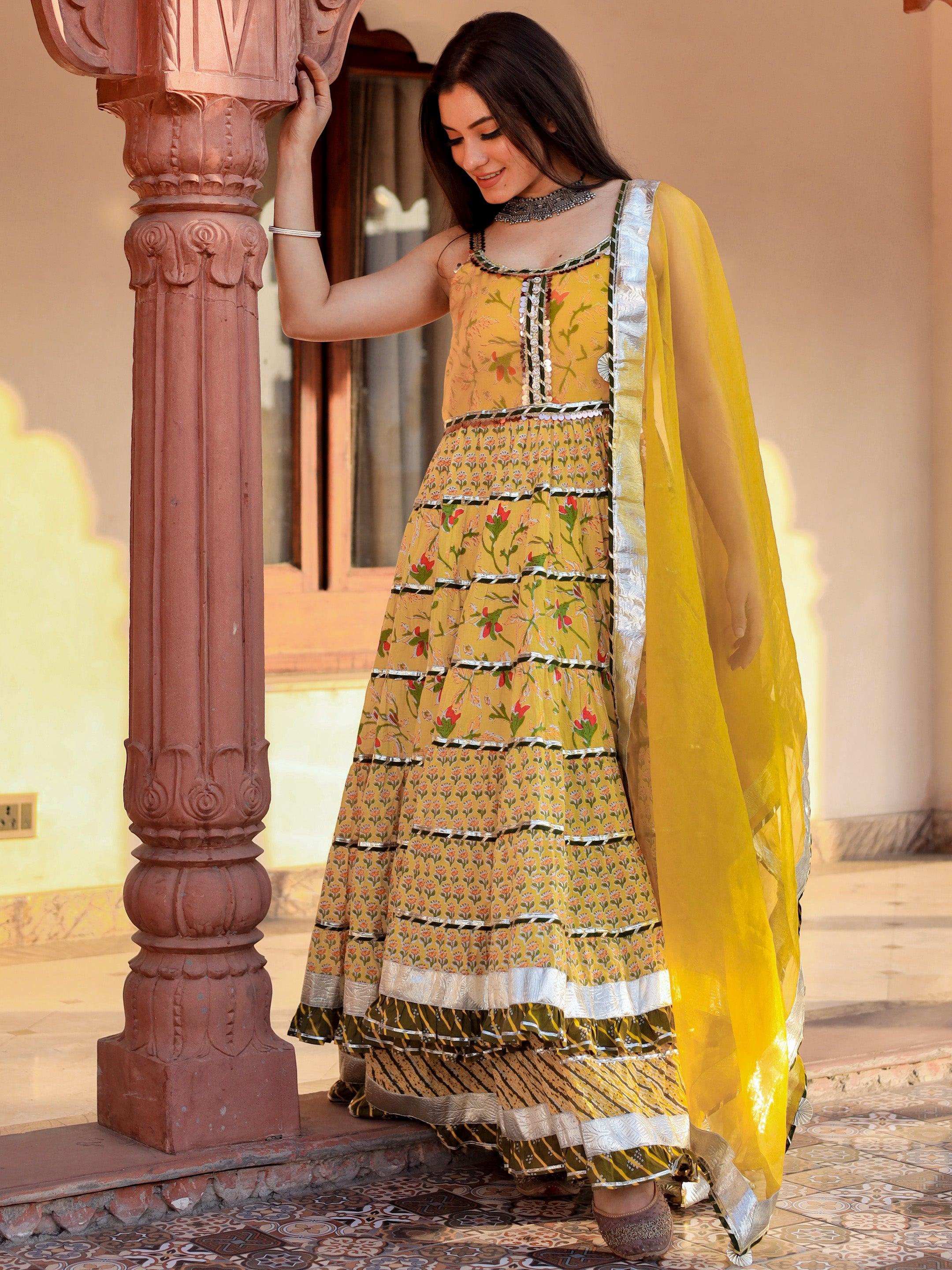 Divena Yellow Cotton Sleeves less anarkali Skirt Set With Dupatta