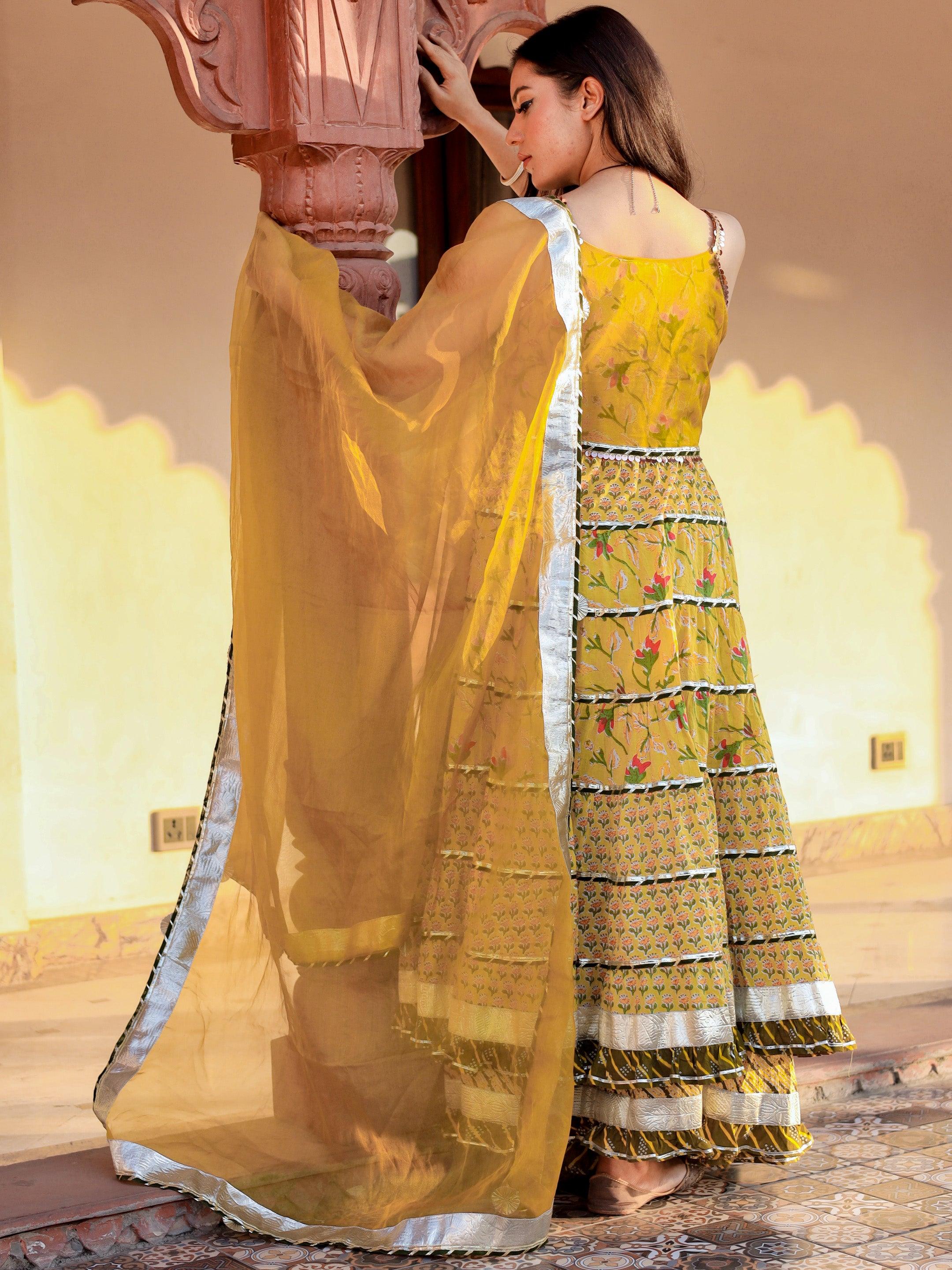 Divena Yellow Cotton Sleeves less anarkali Skirt Set With Dupatta