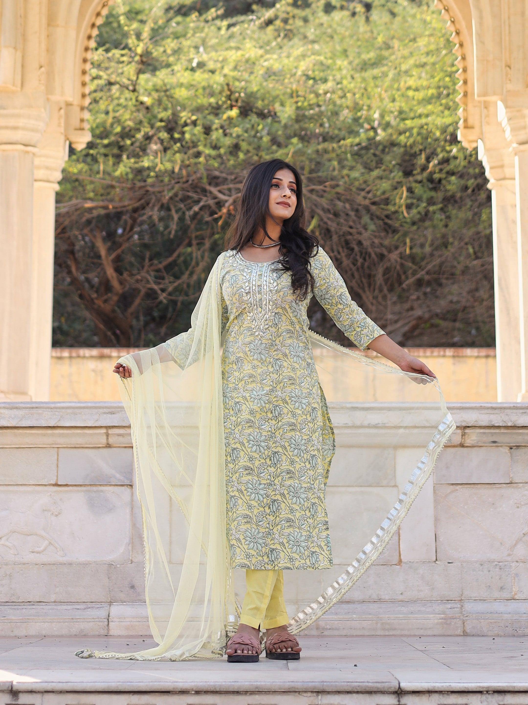 Divena yellow Cotton Straight Kurta pant set with dupatta
