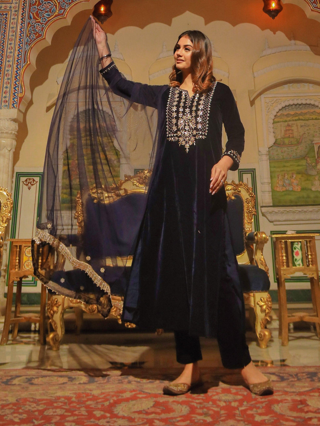 Divena Royal Navy Blue Velvet Zardozi work Embroidered Kurta Pant With Net Dupatta set