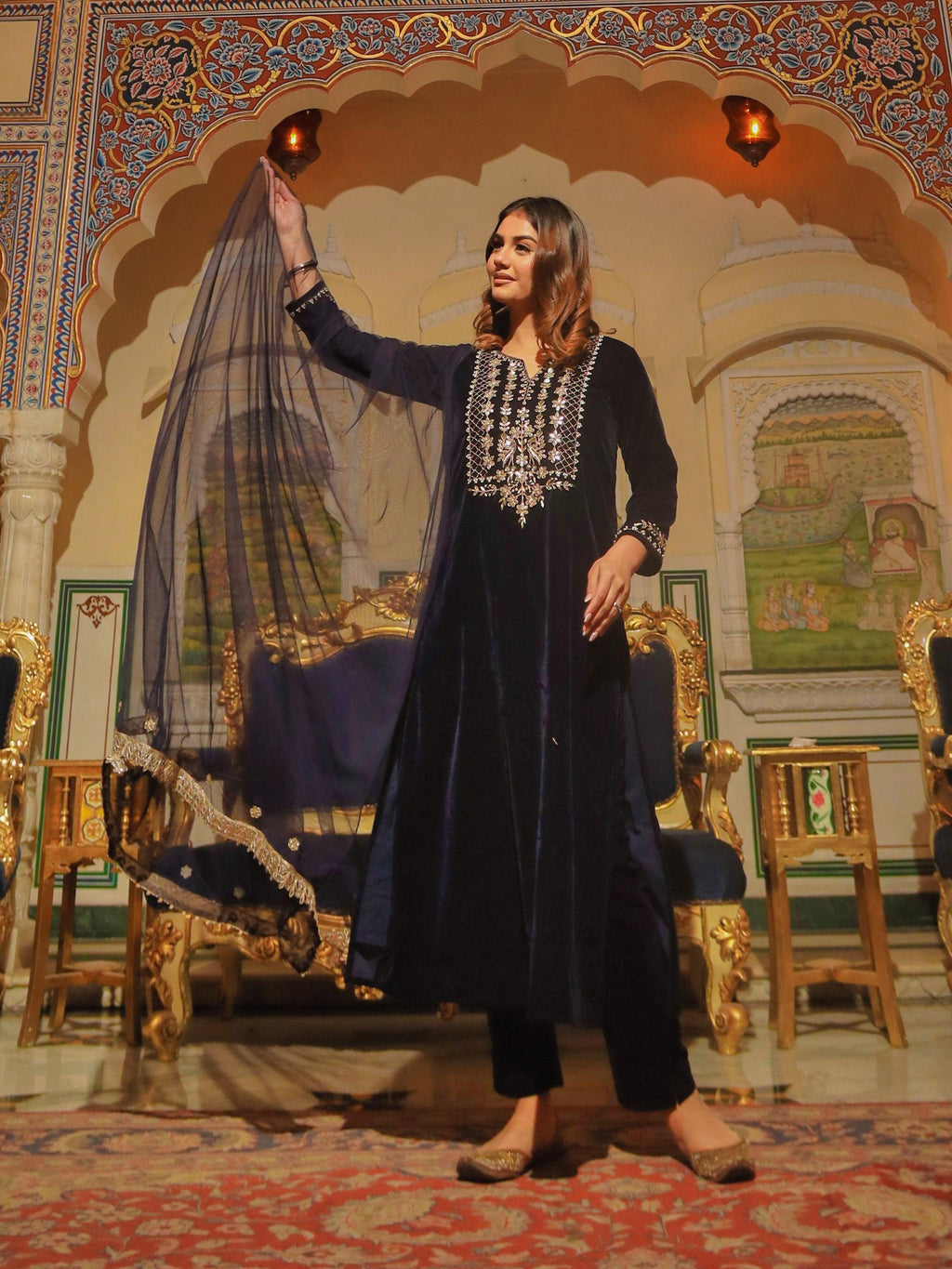 Divena Royal Navy Blue Velvet Zardozi work Embroidered Kurta Pant With Net Dupatta set