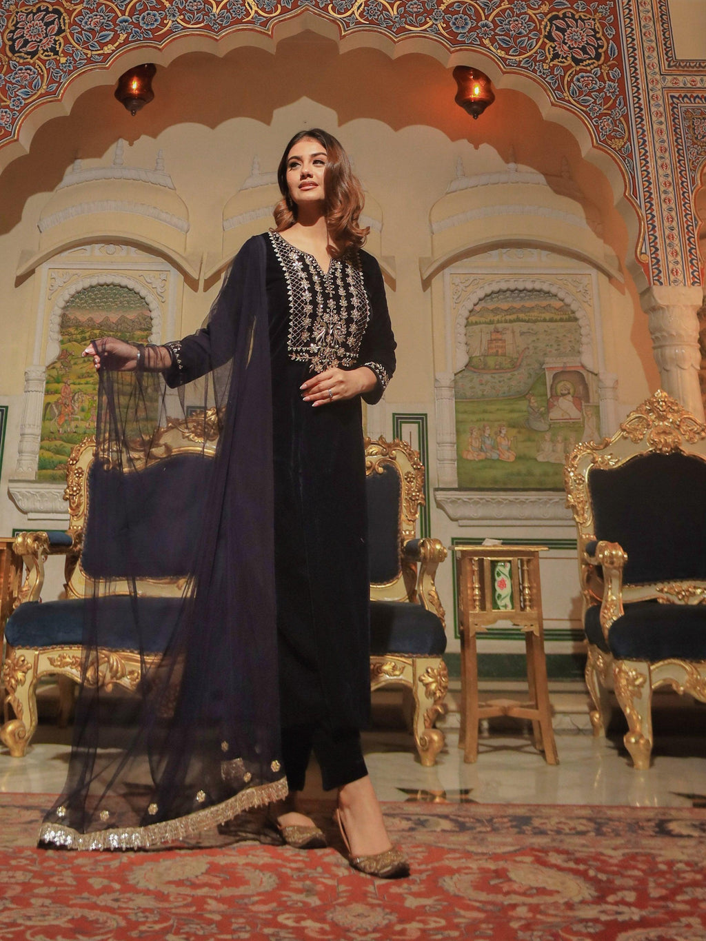 Divena Royal Navy Blue Velvet Zardozi work Embroidered Kurta Pant With Net Dupatta set