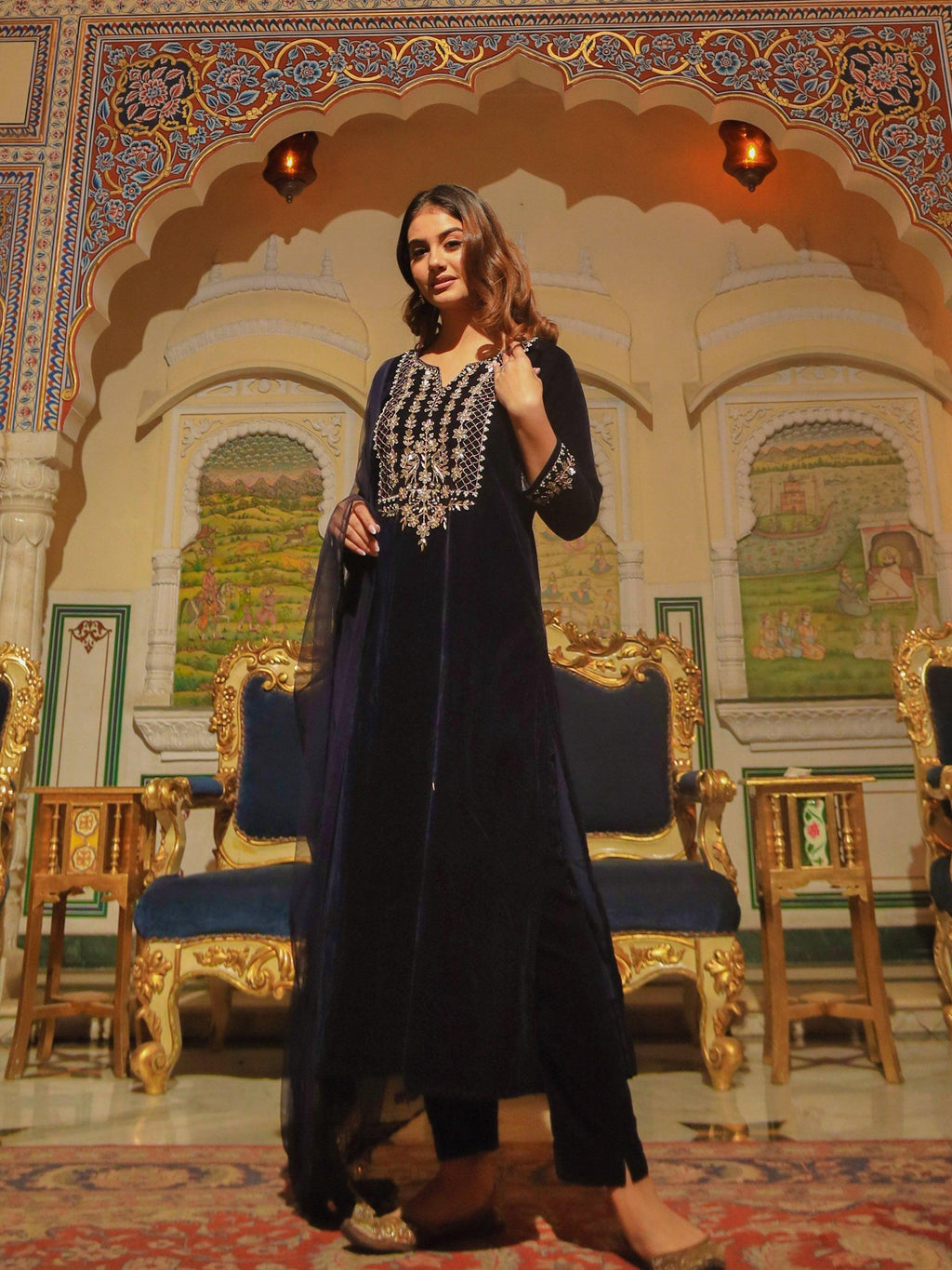 Divena Royal Navy Blue Velvet Zardozi work Embroidered Kurta Pant With Net Dupatta set