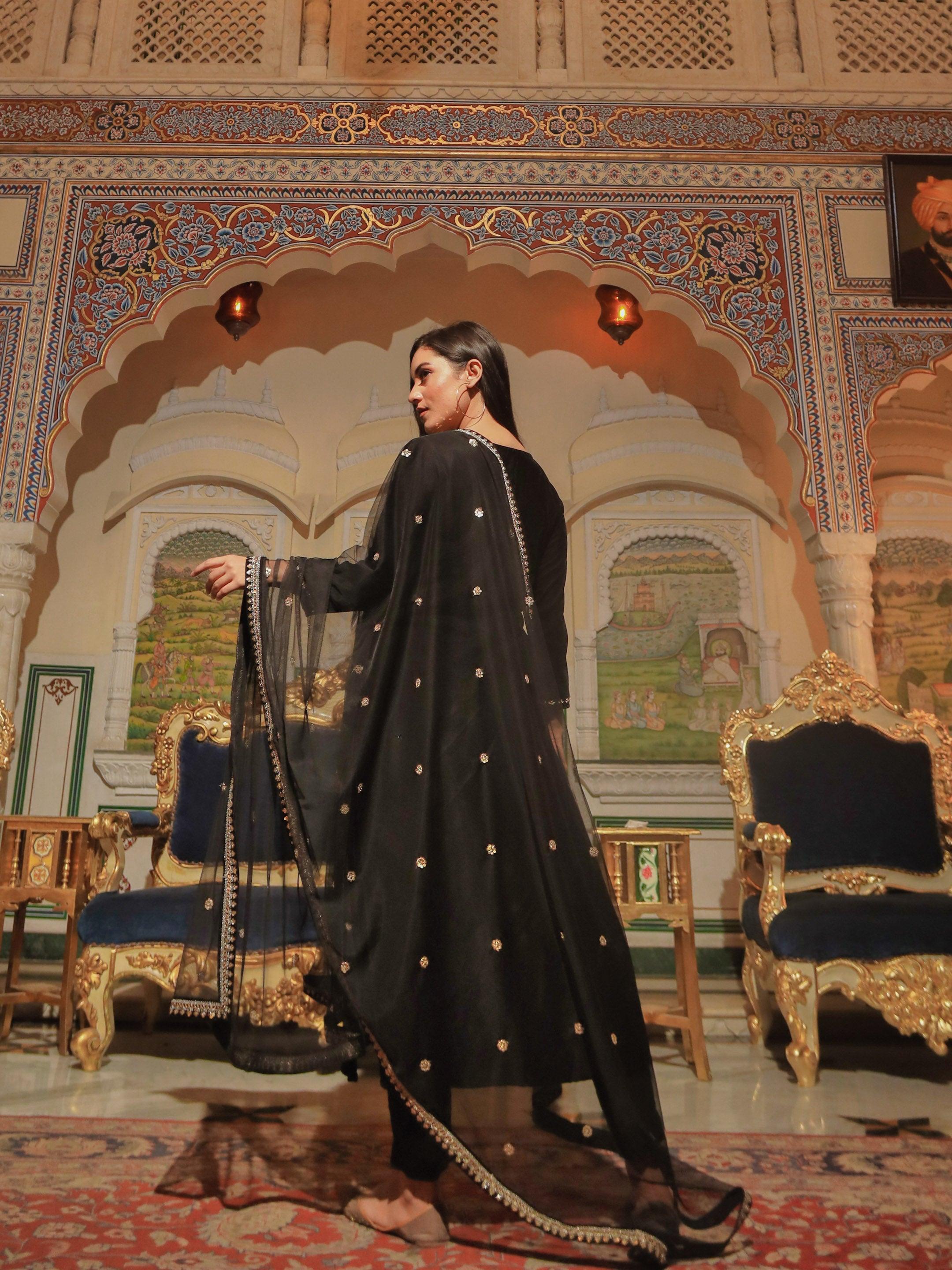 Divena Black Velvet hand work Kurta pant With Net Dupatta set