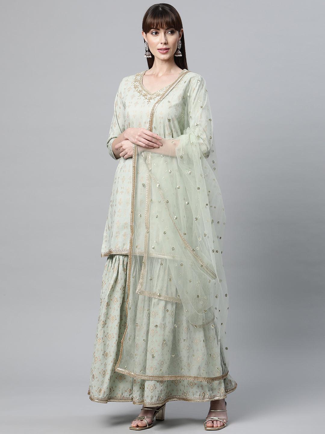 Divena Sea Green Golden Printed Kurta Sharara set with Dupatta