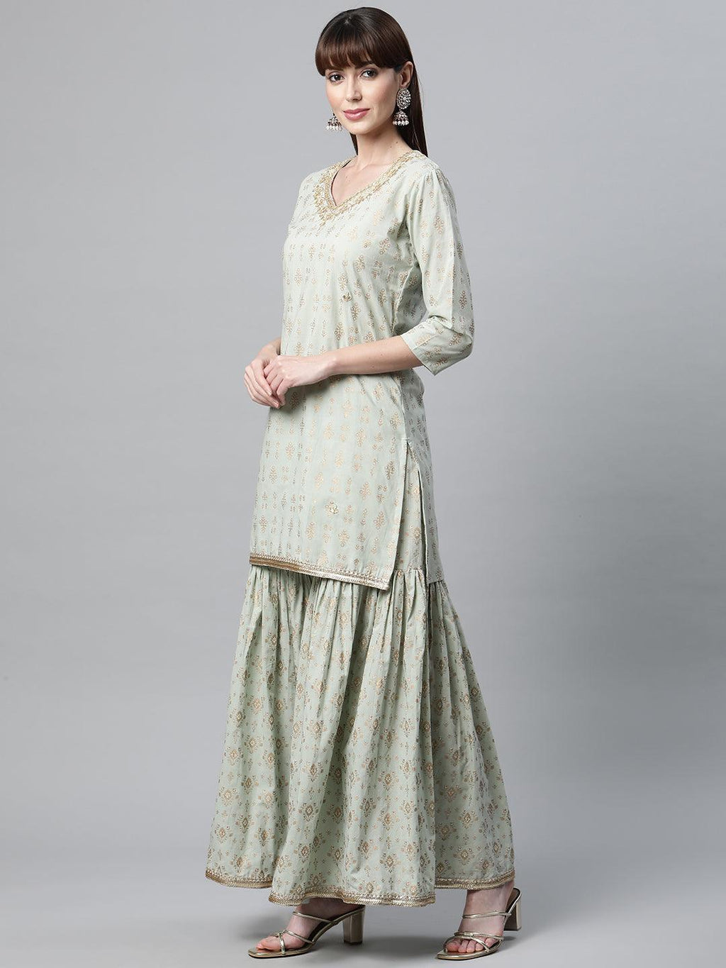 Divena Sea Green Golden Printed Kurta Sharara set with Dupatta