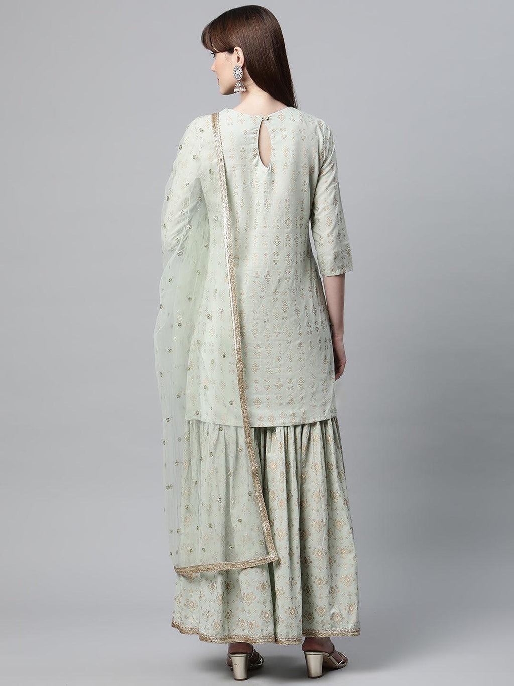 Divena Sea Green Golden Printed Kurta Sharara set with Dupatta