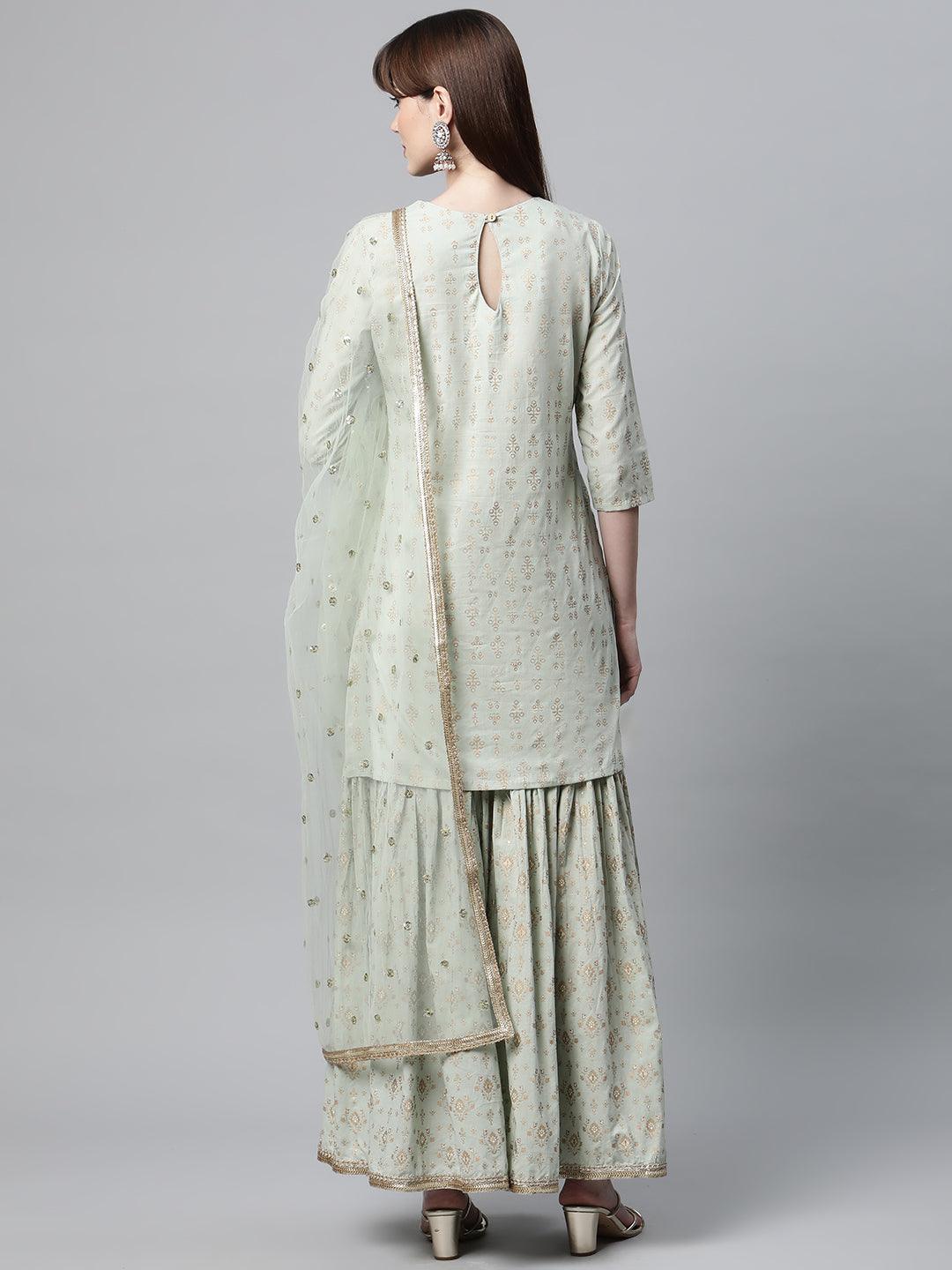 Divena Sea Green Golden Printed Kurta Sharara set with Dupatta