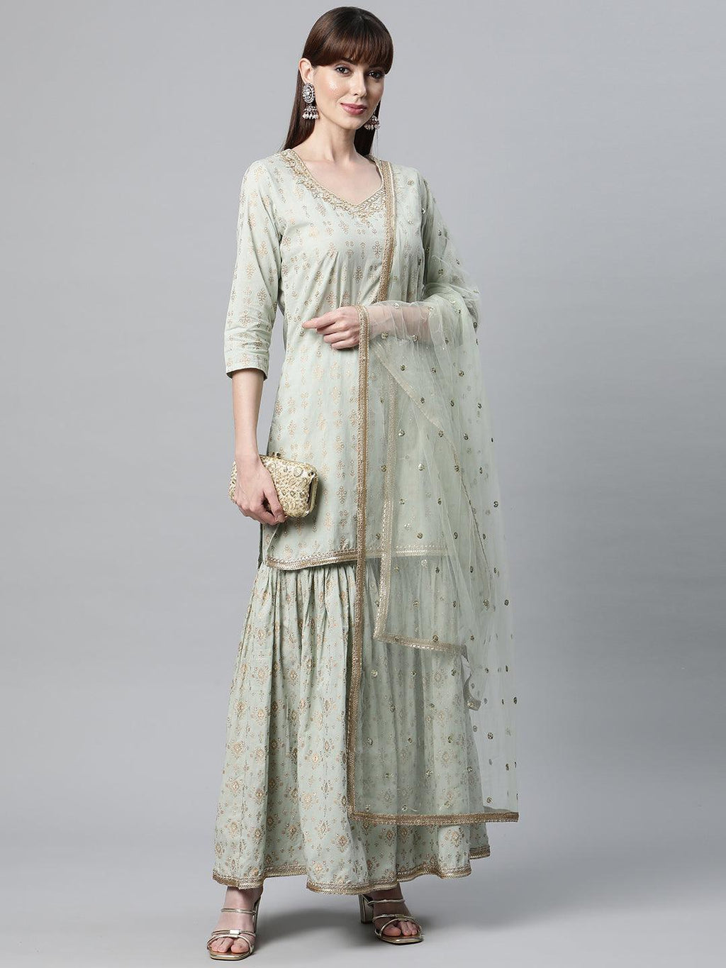 Divena Sea Green Golden Printed Kurta Sharara set with Dupatta