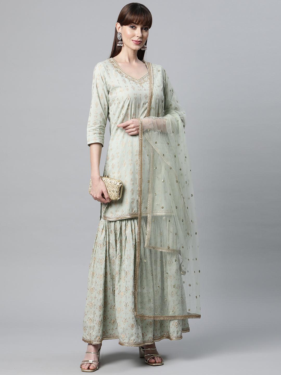 Divena Sea Green Golden Printed Kurta Sharara set with Dupatta