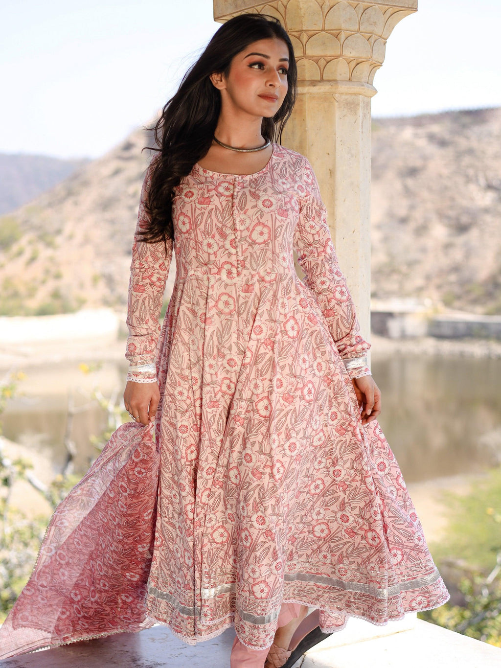 Divena Baby Pink Cotton Anarkali Kurta Pant Set With Dupatta