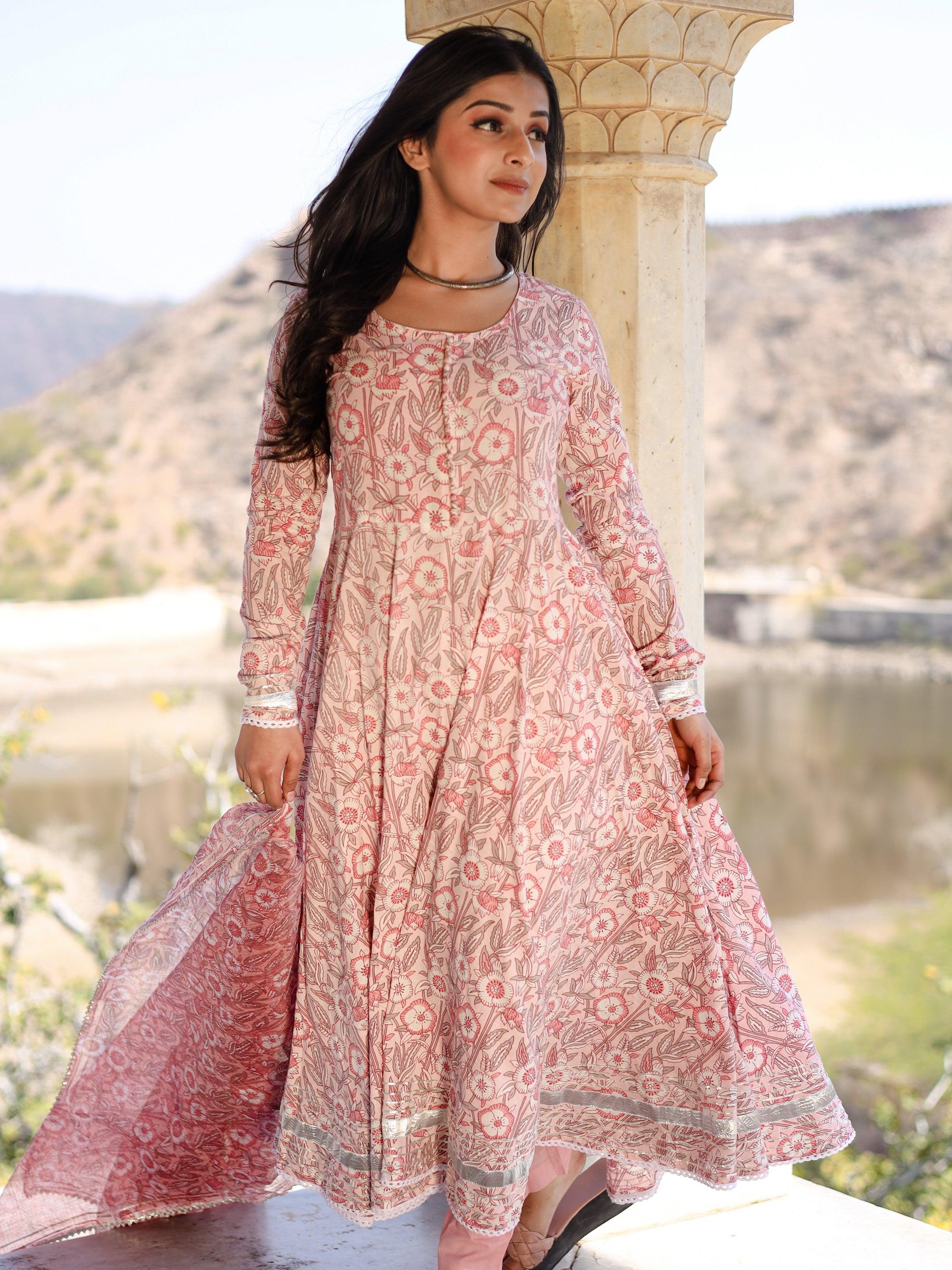 Divena Baby Pink Cotton Anarkali Kurta Pant Set With Dupatta
