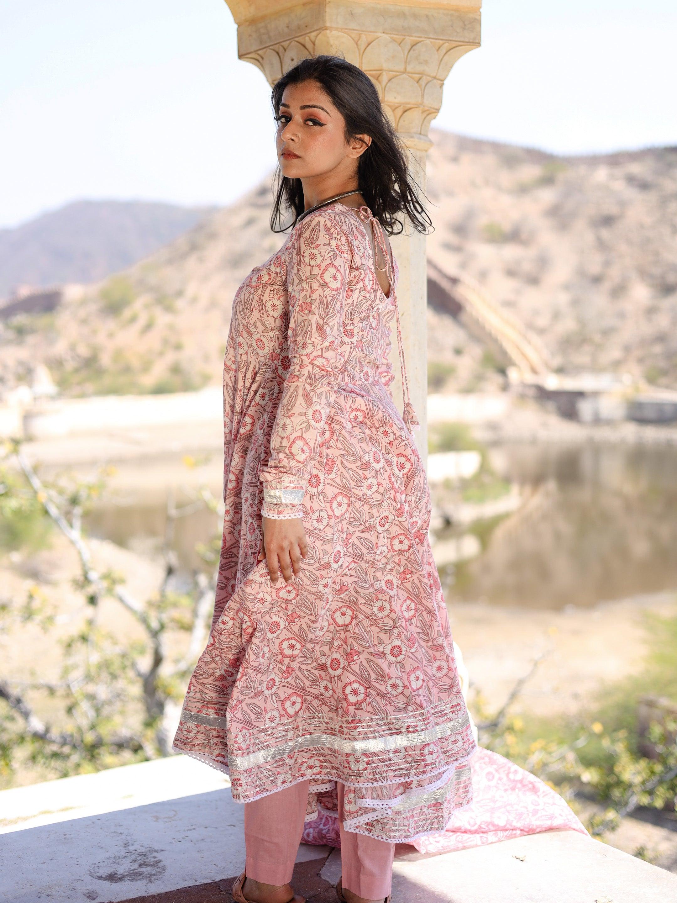 Divena Baby Pink Cotton Anarkali Kurta Pant Set With Dupatta