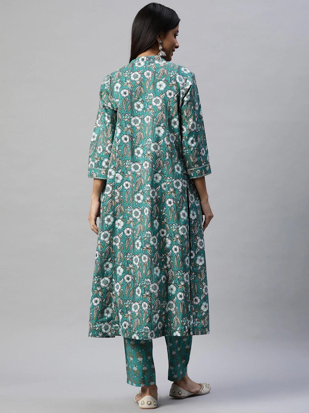 Divena Green Cotton Floral Printed Three Piece Indowestern Kurta Pant Set with Jacket