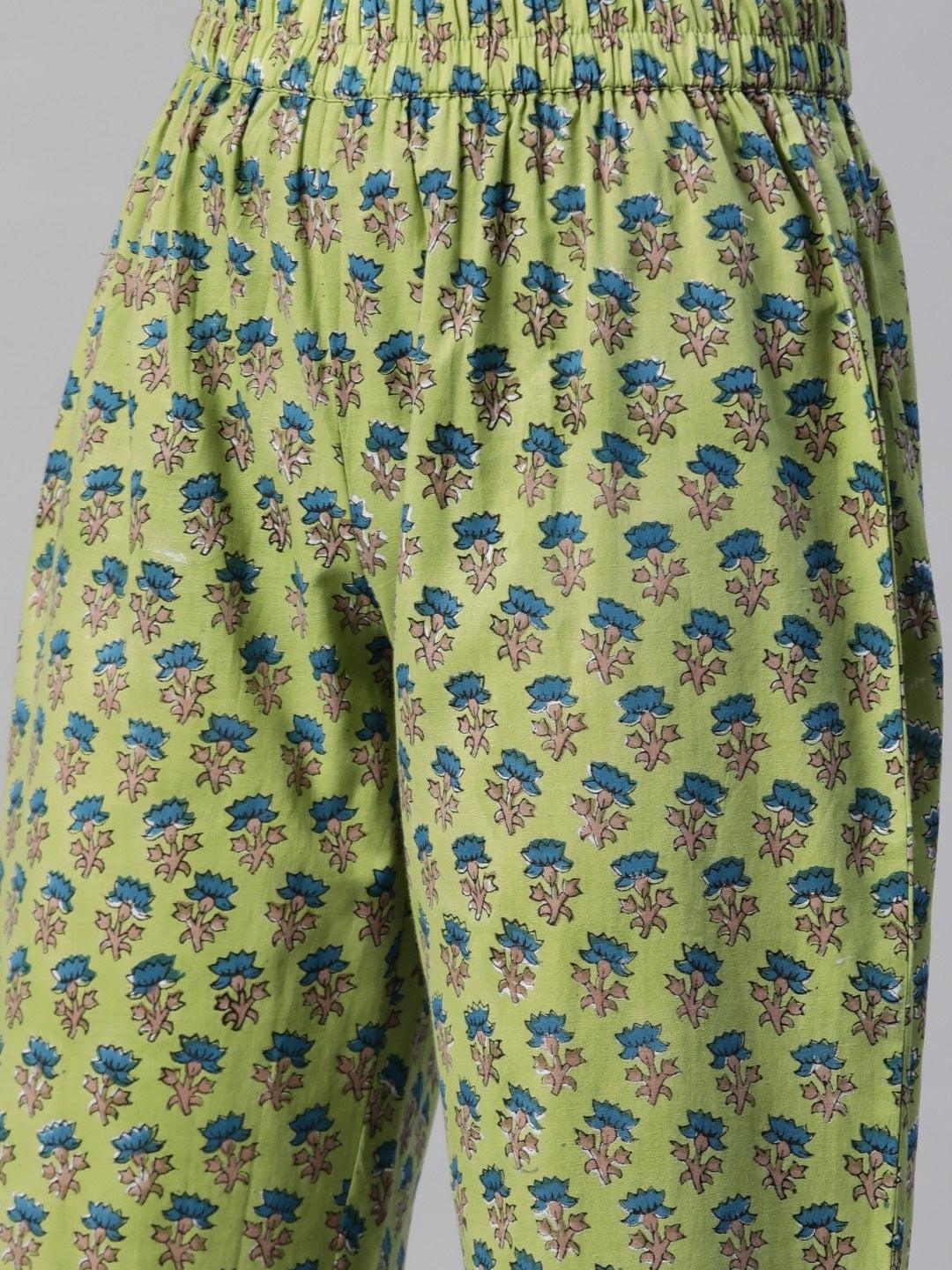 Divena Green Cotton Hand Block Printed Kurta Pant set with Dupatta