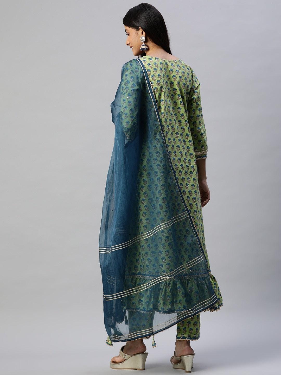 Divena Green Cotton Hand Block Printed Kurta Pant set with Dupatta