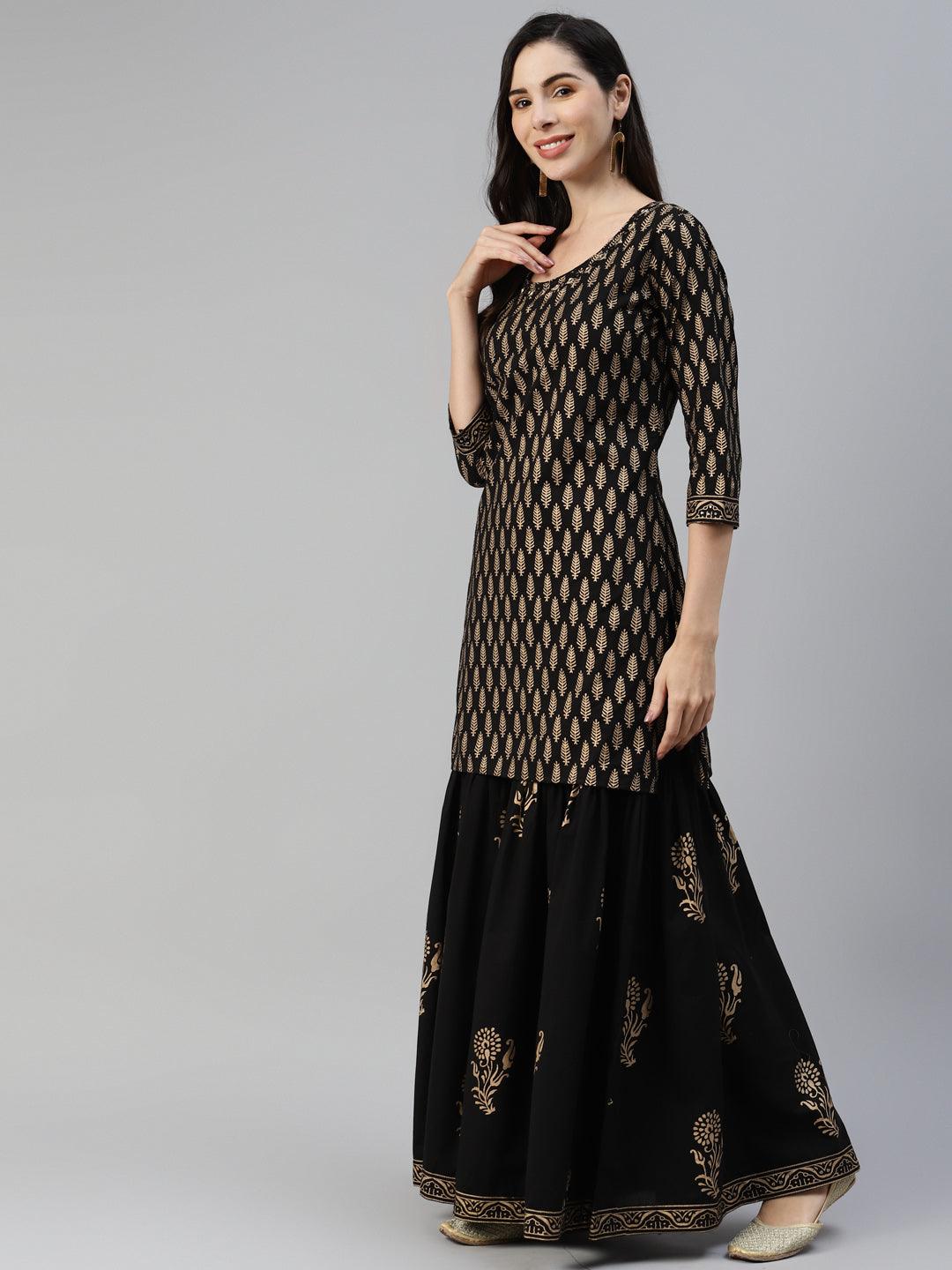 Divena Black Gold Printed Cotton Kurta Sharara Set with Dupatta