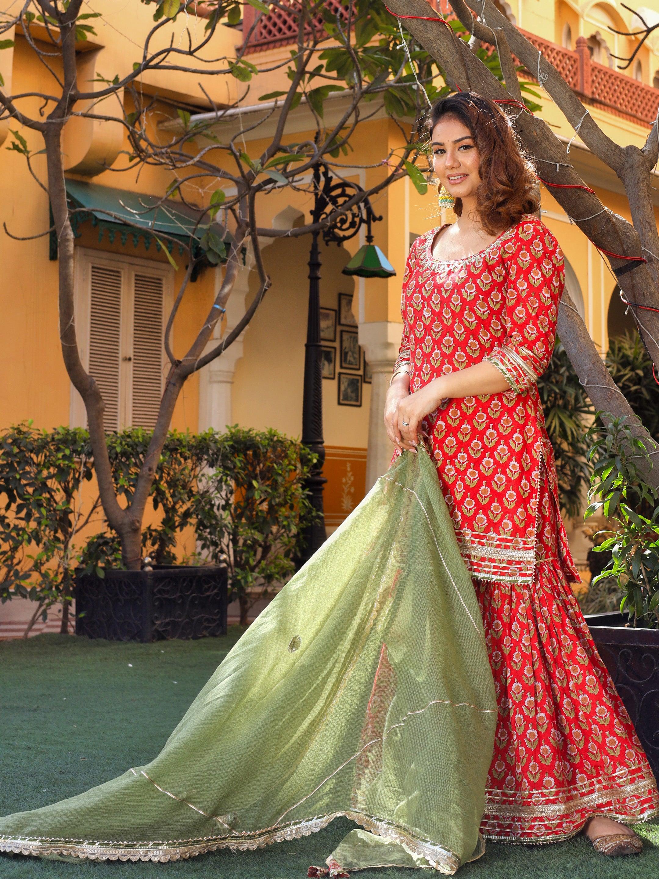 Divena Red Cotton Dabu Printed Kurta Sharara Set with Kota Doria Dupatta