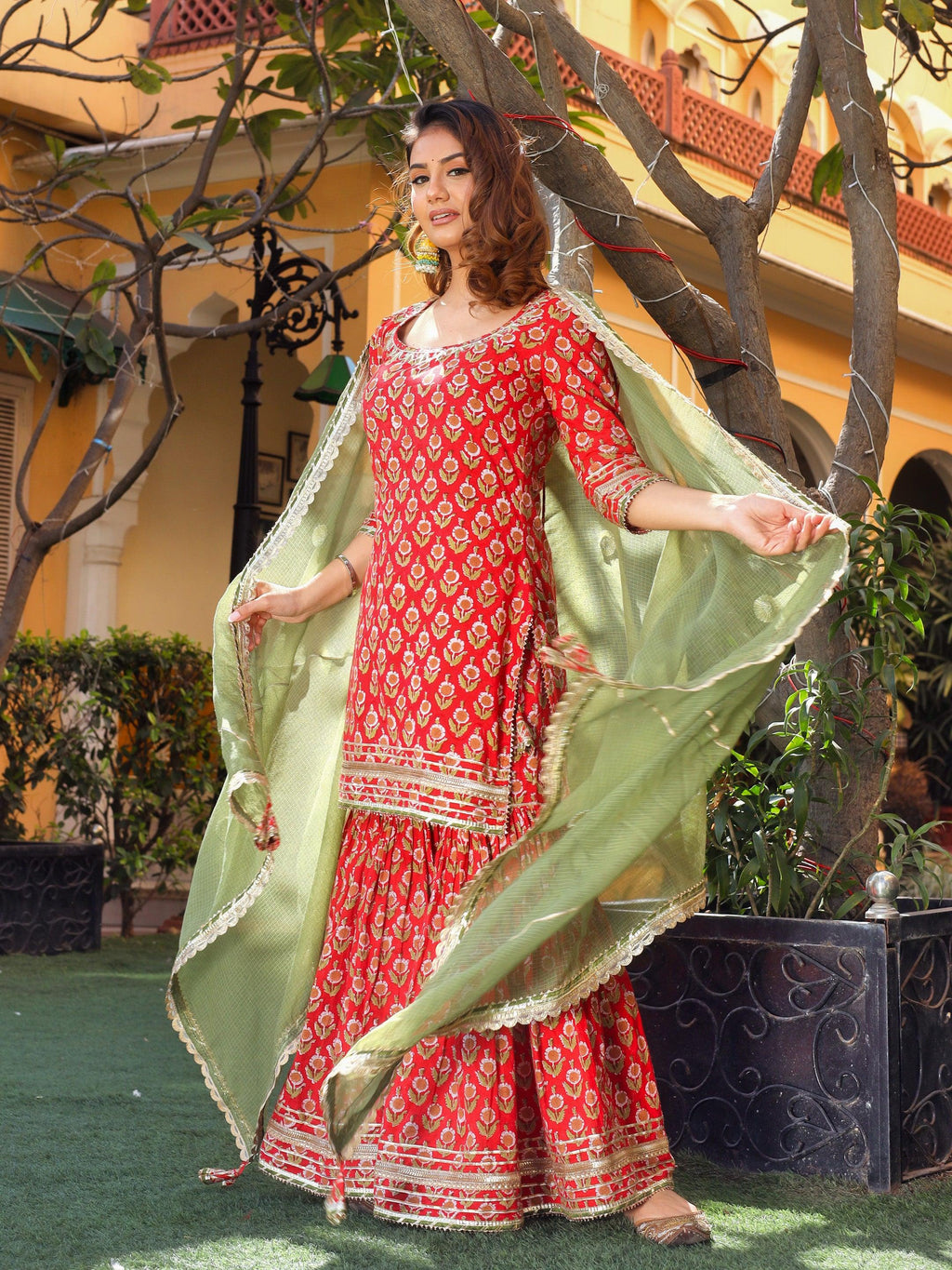 Divena Red Cotton Dabu Printed Kurta Sharara Set with Kota Doria Dupatta