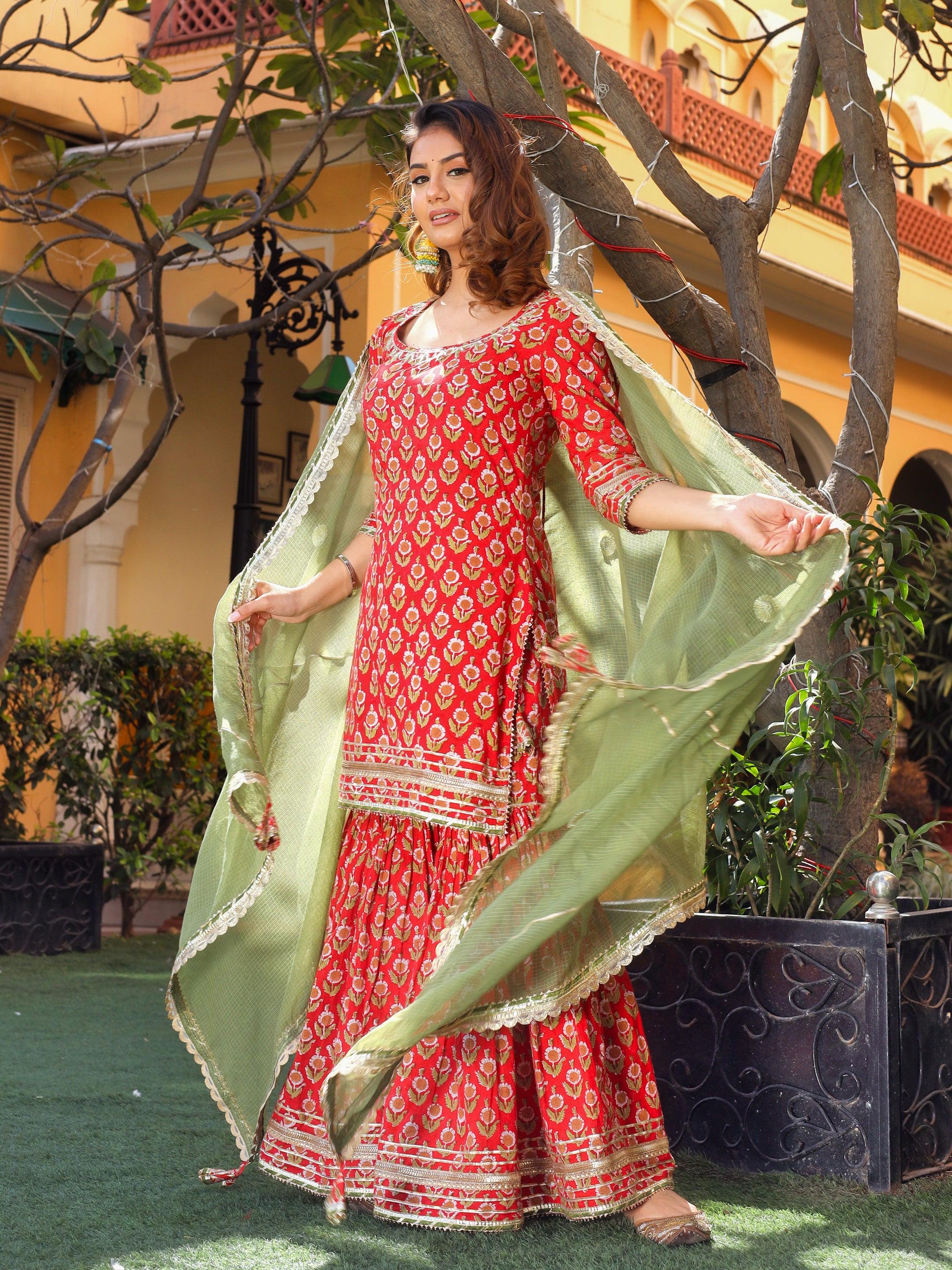 Divena Red Cotton Dabu Printed Kurta Sharara Set with Kota Doria Dupatta