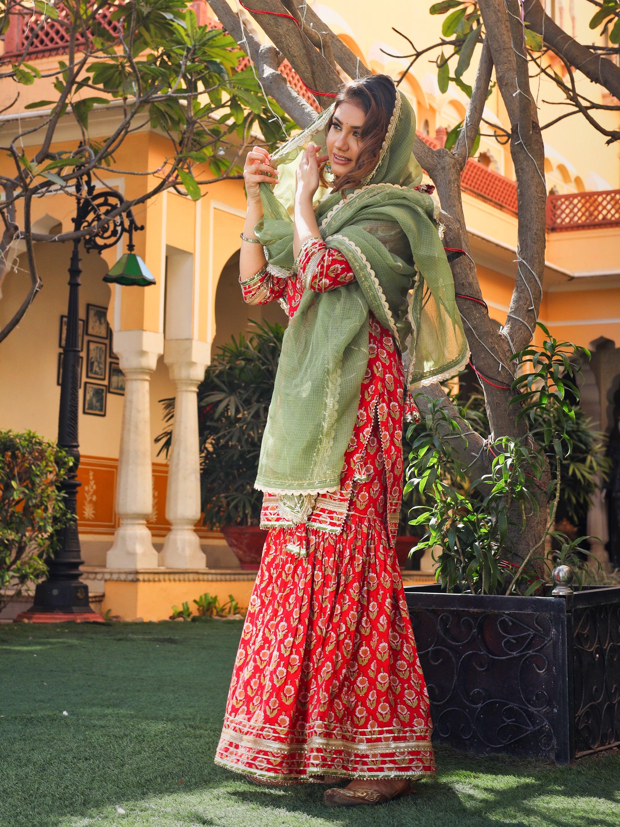 Divena Red Cotton Dabu Printed Kurta Sharara Set with Kota Doria Dupatta