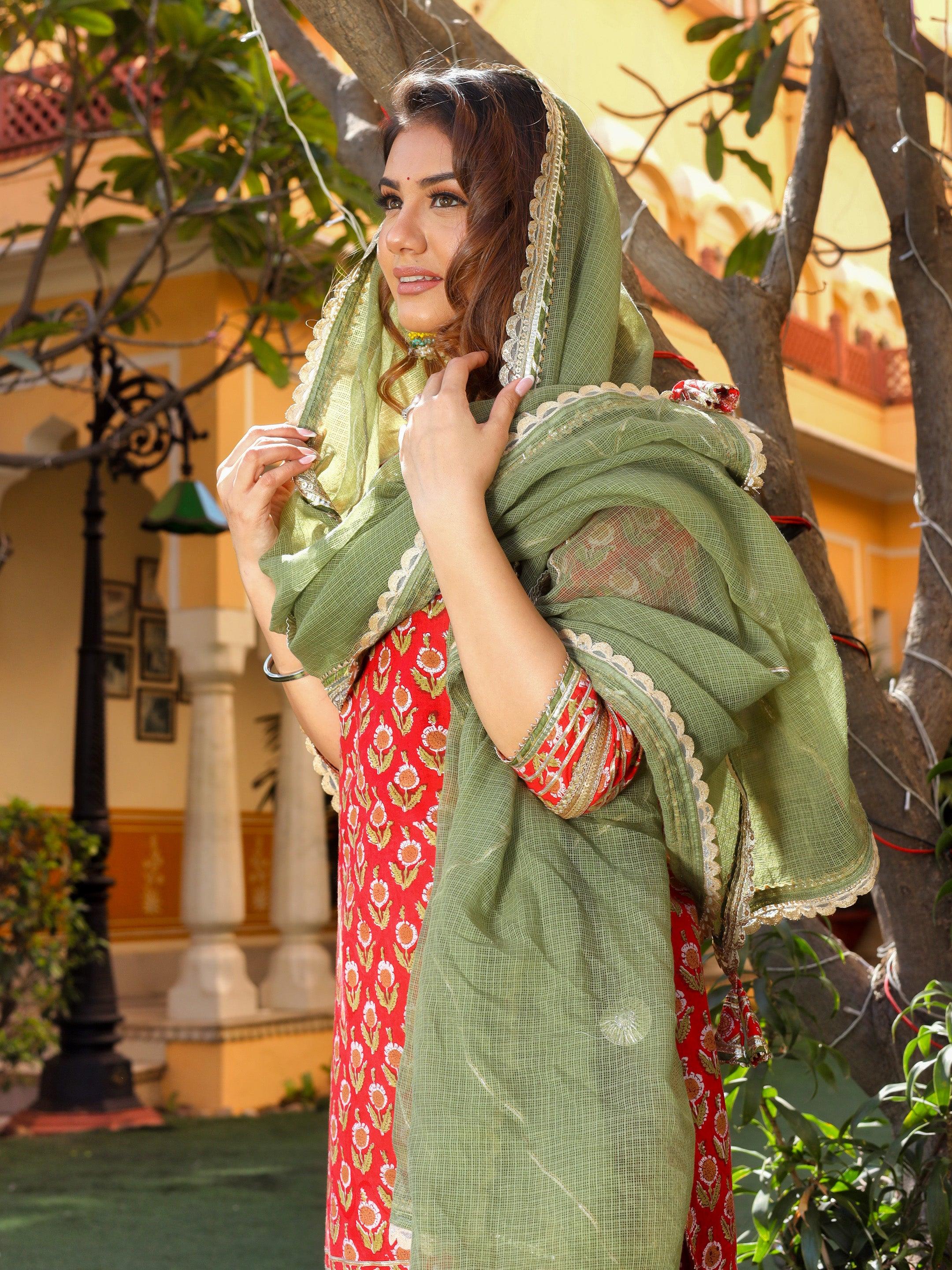 Divena Red Cotton Dabu Printed Kurta Sharara Set with Kota Doria Dupatta